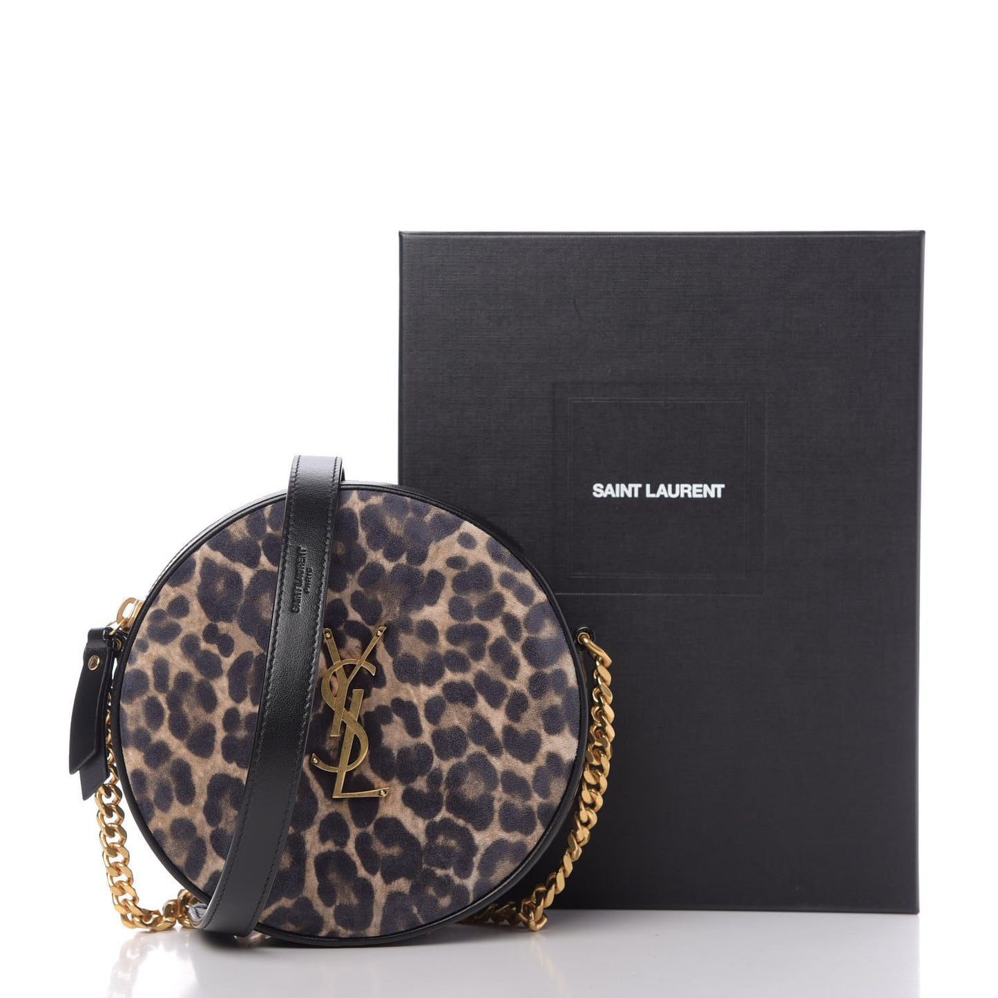 Smooth Calfskin Suede Leopard Print Round Vinyle Camera Bag Black