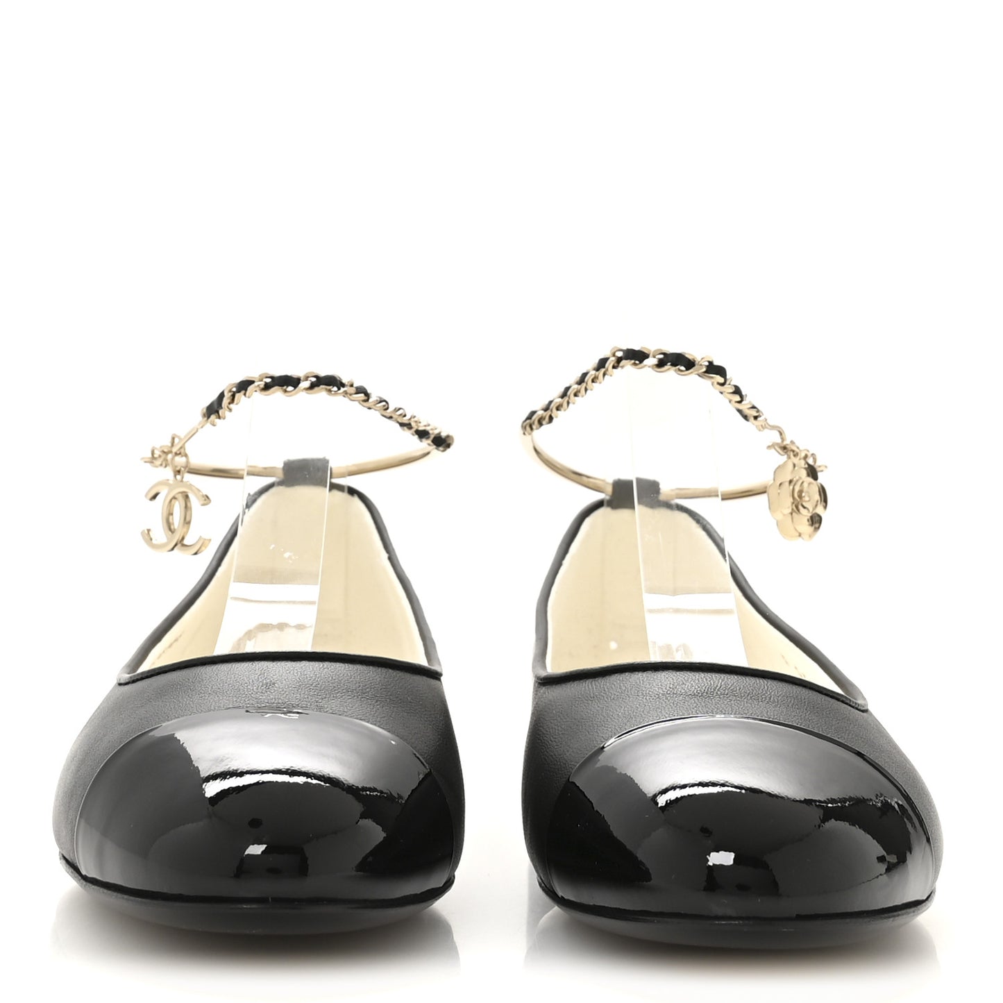 Lambskin Patent Calfskin Cap Toe Ankle Chain Ballerina Flats 36.5 Black