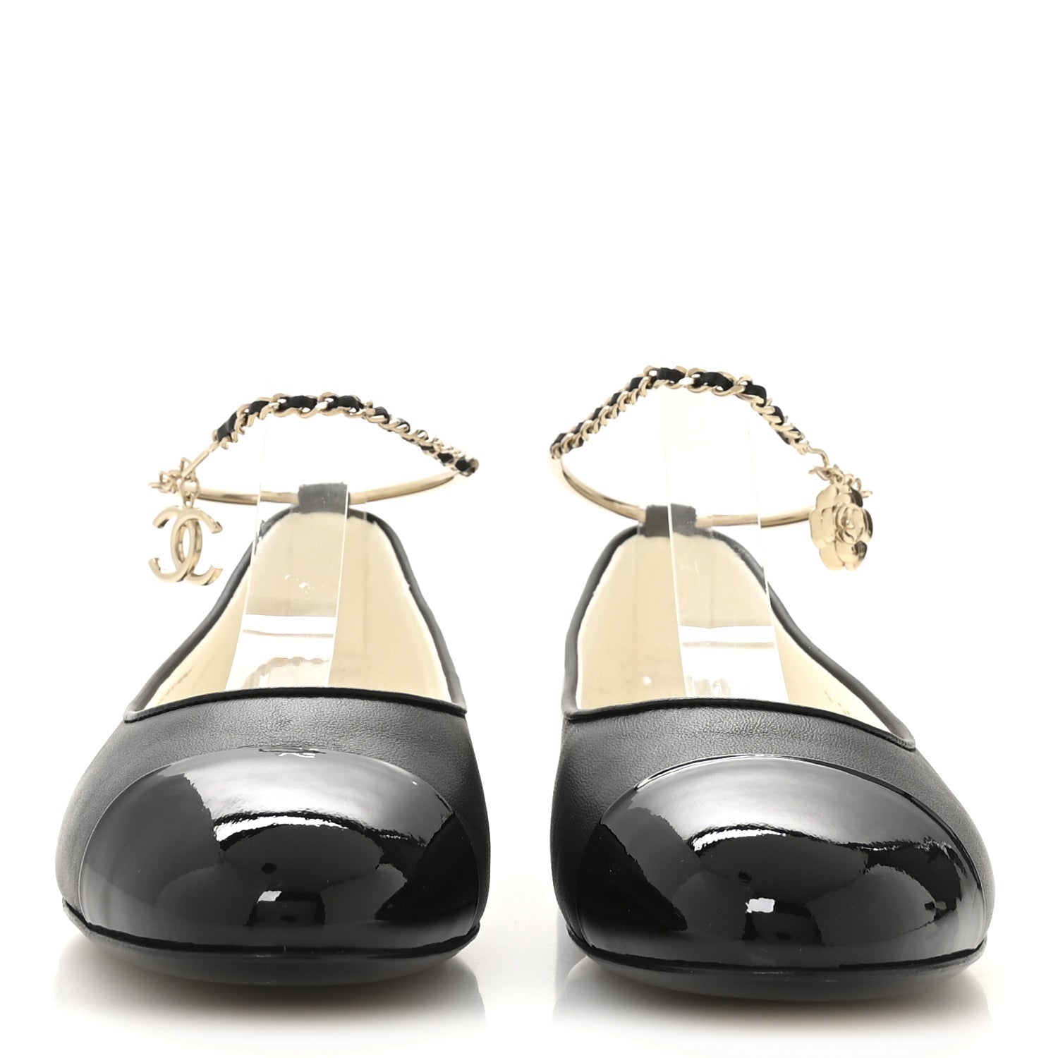 Chanel Lambskin Patent Calfskin Cap Toe Ankle Chain Ballerina Flats 36.5 Black 3 of 8