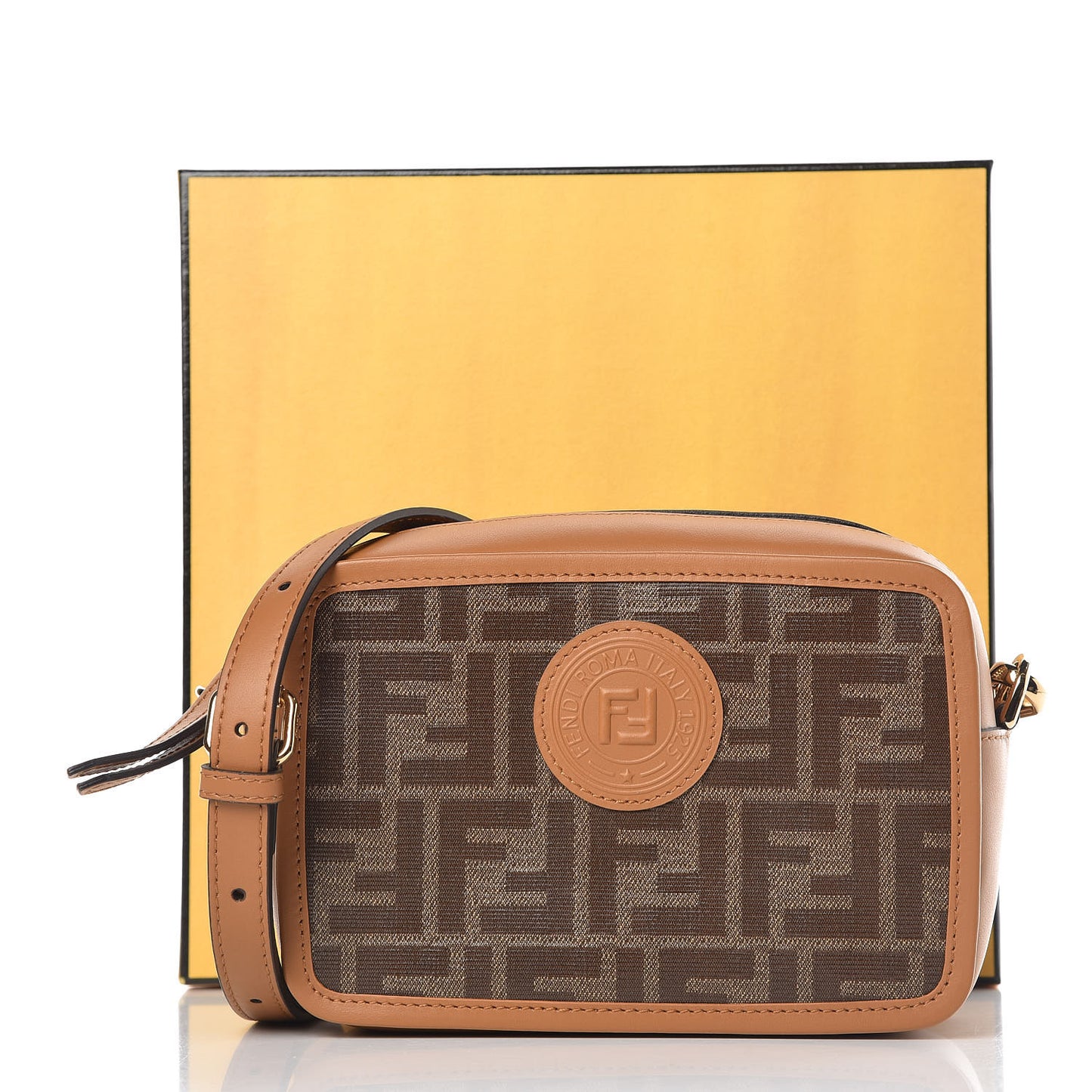 Glazed Fabric Vitello Century FF 1974 Stamp Patch Mini Camera Case Mogano Panna Caramello