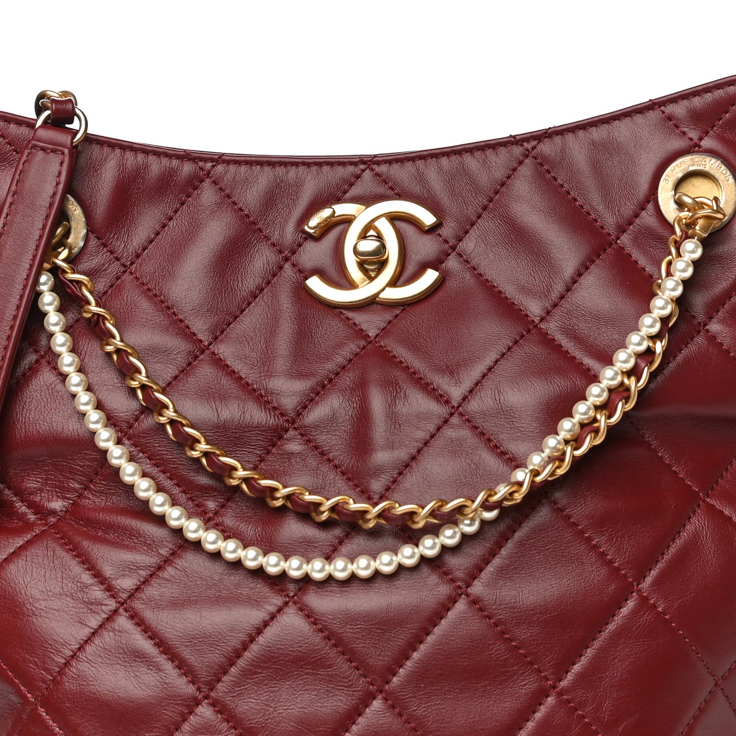 Calfskin Quilted Crystal Pearls Fold Over Shopping Tote Burgundy