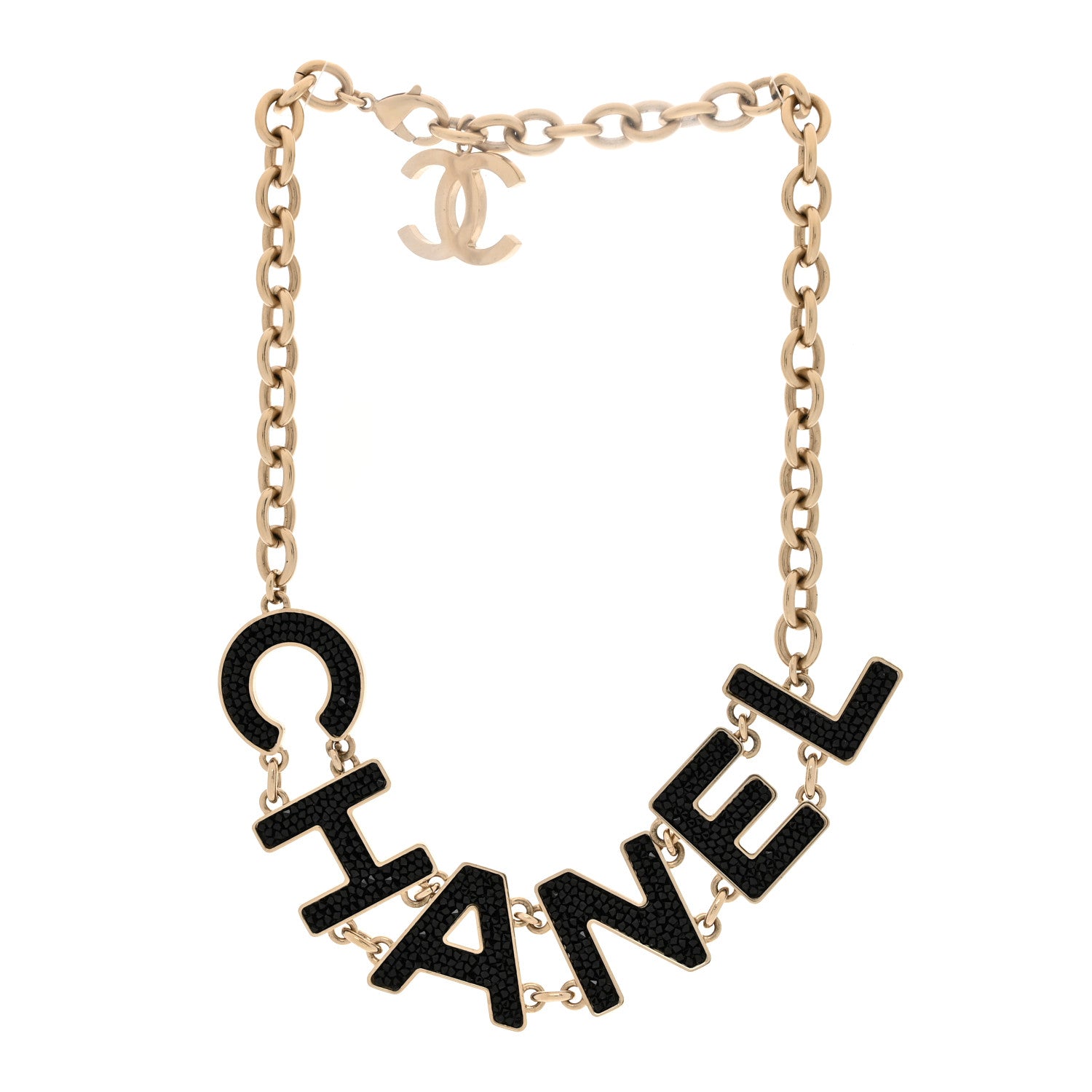 Chanel Crystal Cha-Nel Logo Chain Necklace Gold Black 3 of 5