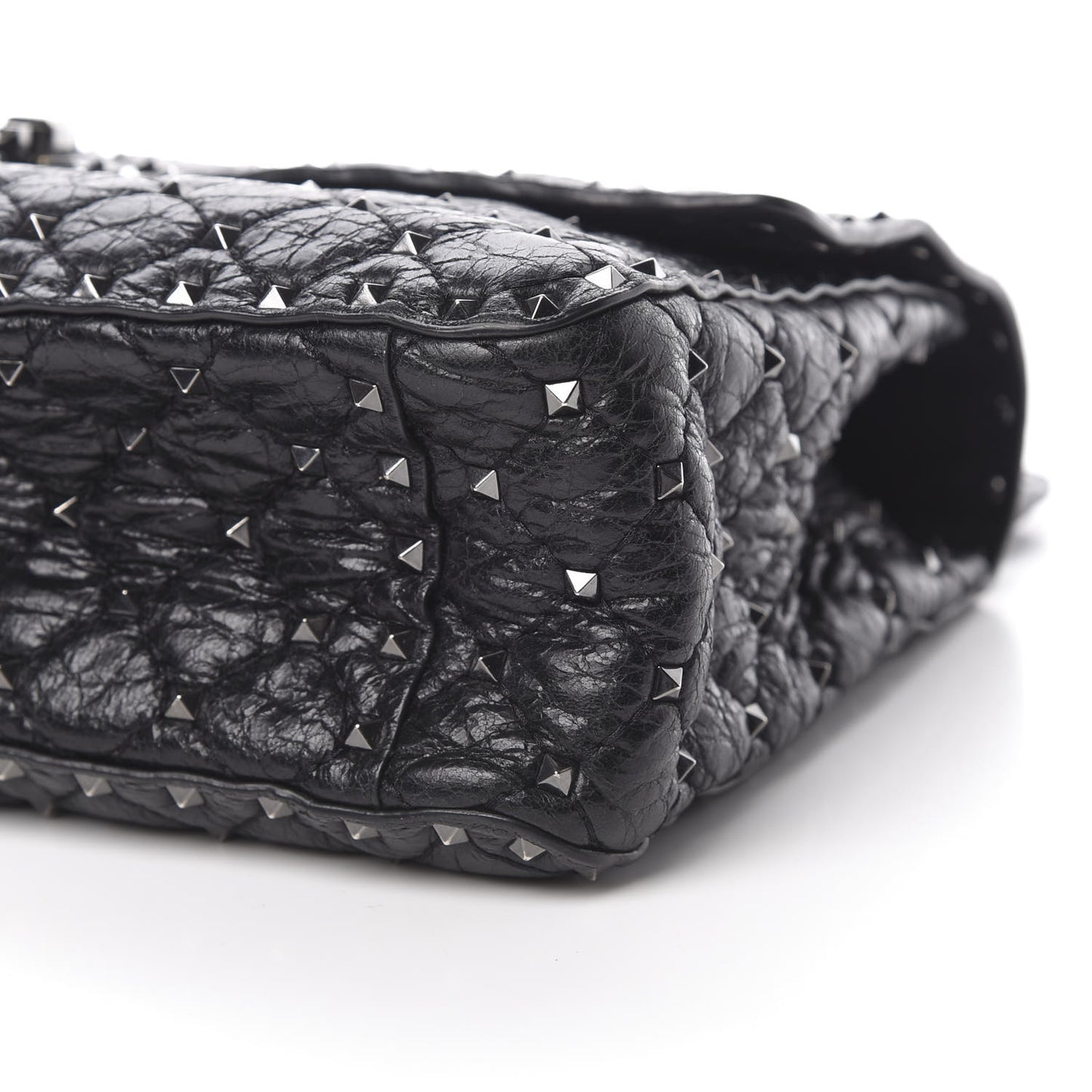 Craquele Nappa Large Rockstud Spike Shoulder Bag Black