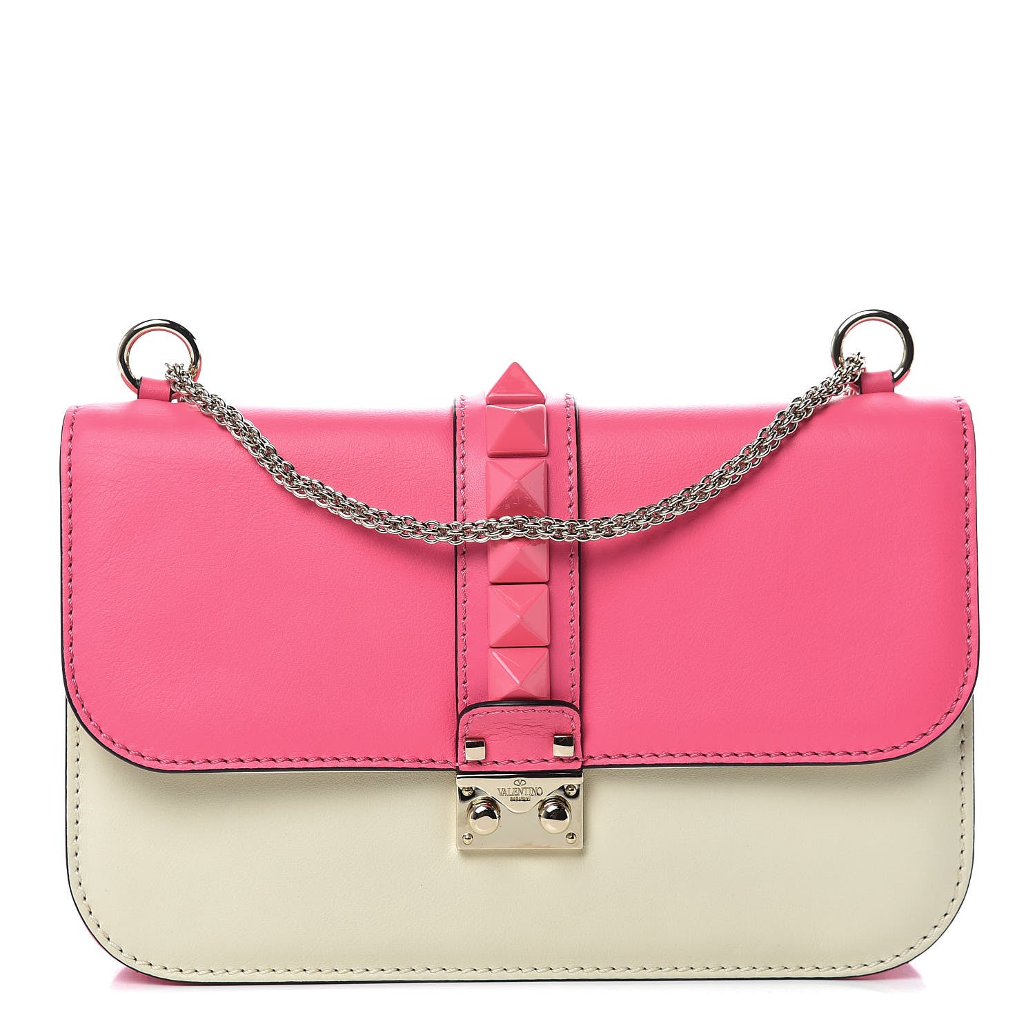 Valentino Garavani Vitello Medium Glam Lock Rockstud Flap Fuxia Fluo Light Ivory 1 of 10