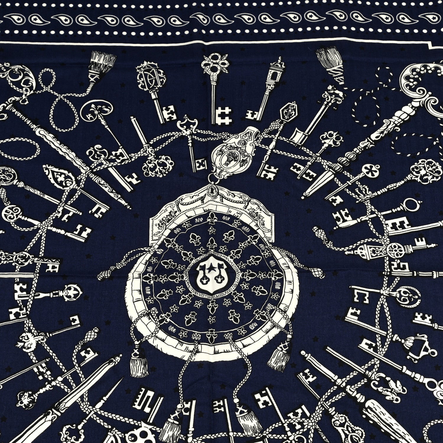 Hermes Cashmere Silk Les Cles Bandana Shawl 140 Marine Black White 4 of 6