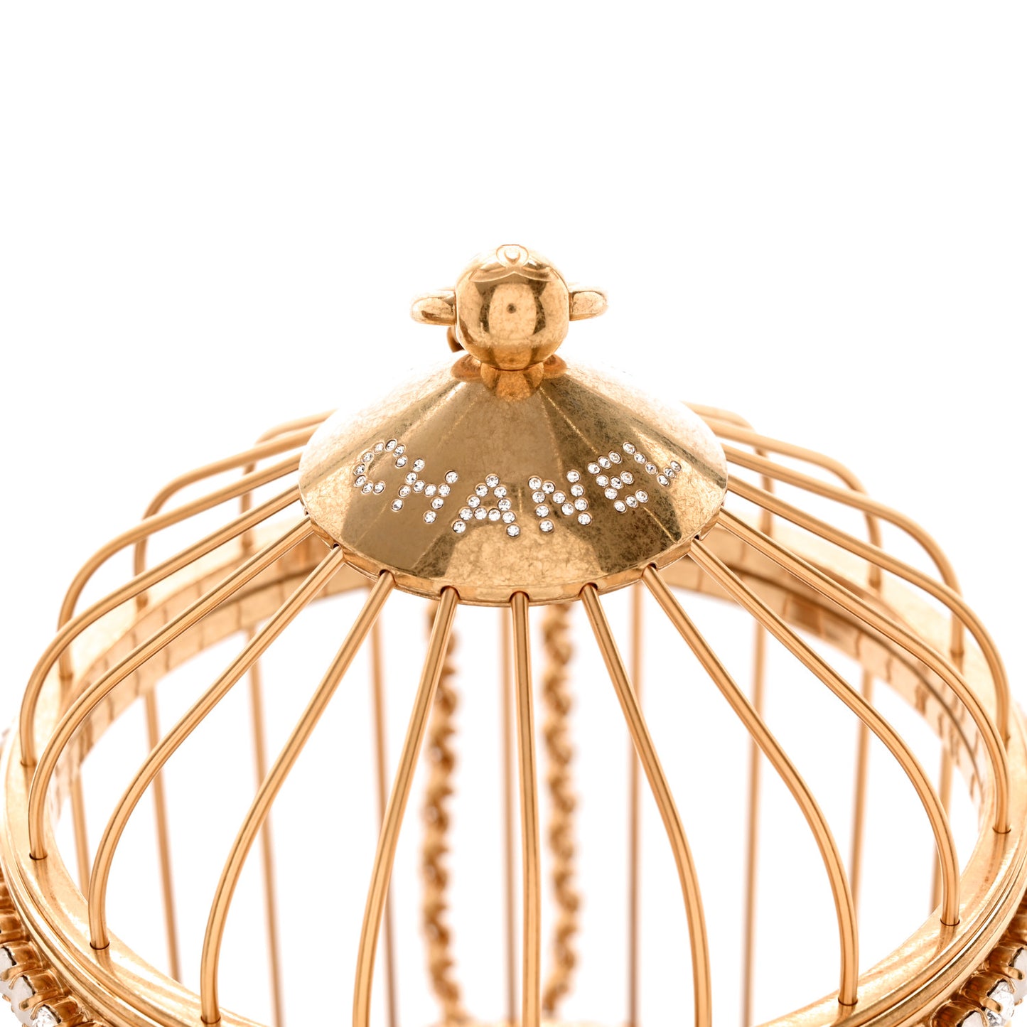 Metal Crystal Enamel CC Love Bird Cage Minaudiere Clutch Gold Multicolor