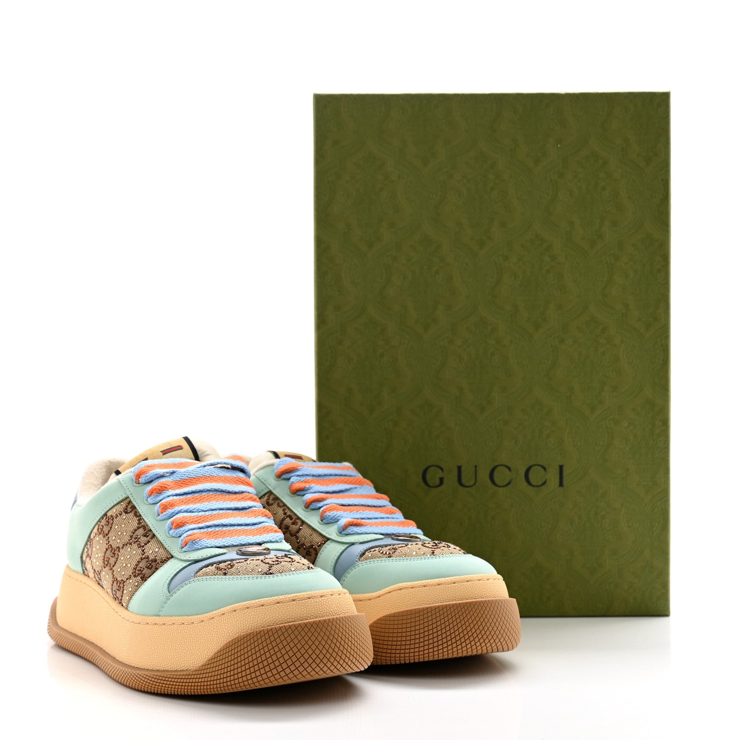 New Canvas GG Monogram Women's Screener 50mm Sneakers 39.5 Beige Blue Orange