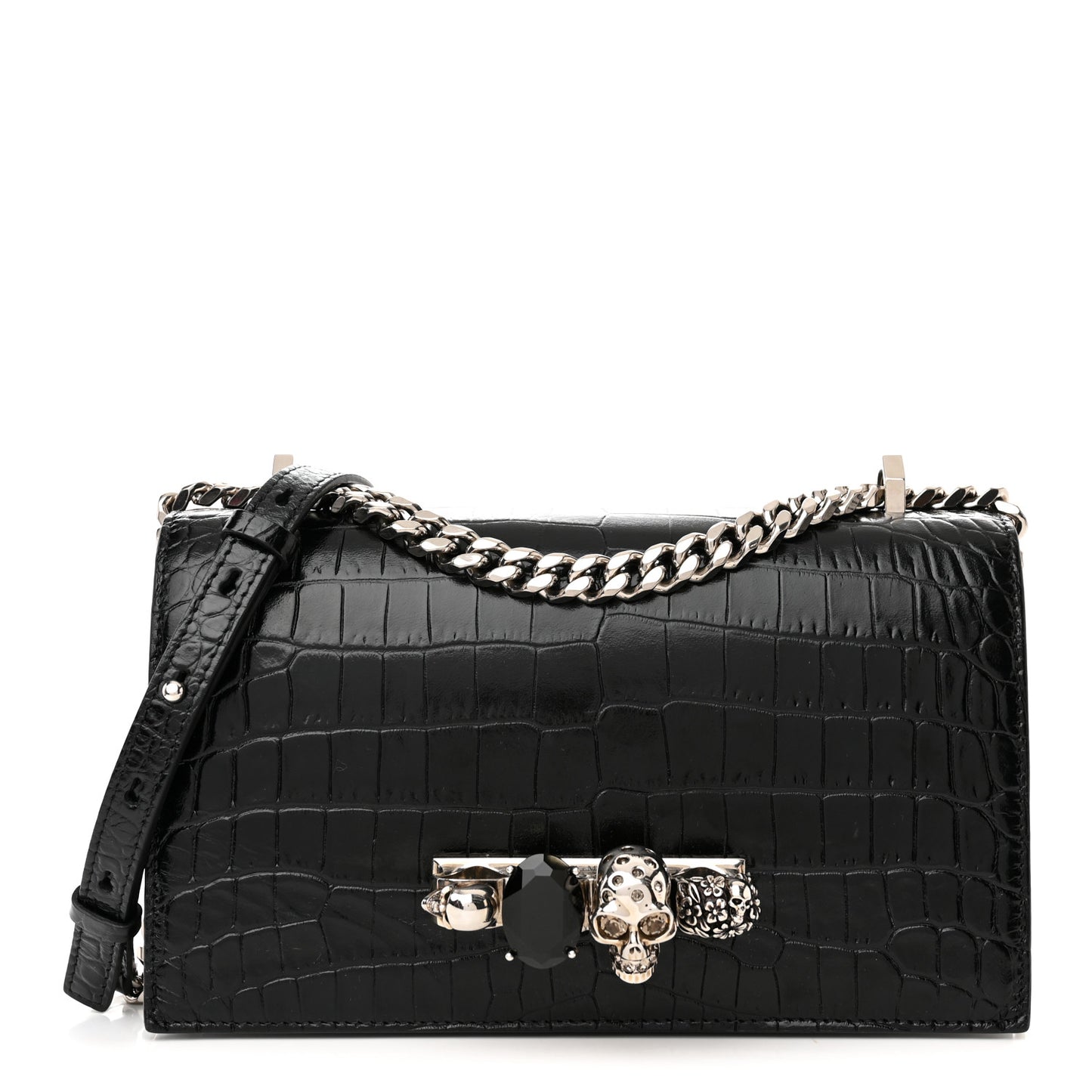 Shiny Calfskin Crocodile Embossed Knuckle Jeweled Crossbody Black