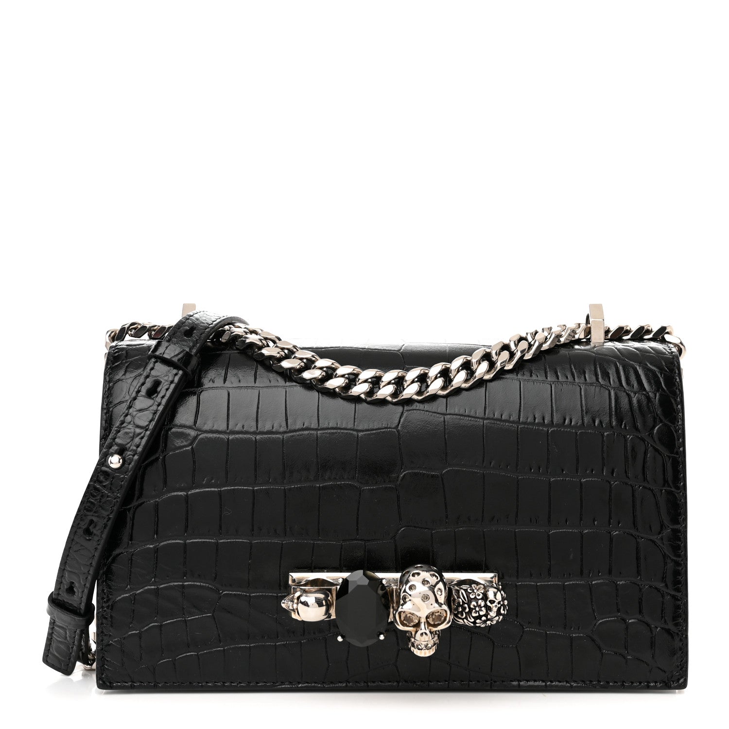 Alexander McQueen Shiny Calfskin Crocodile Embossed Knuckle Jeweled Crossbody Black 1 of 10