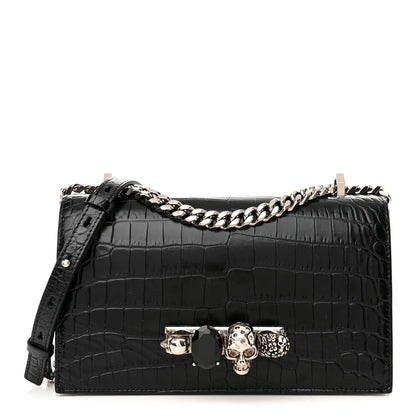 Alexander McQueen Shiny Calfskin Crocodile Embossed Knuckle Jeweled Crossbody Black 1 of 10