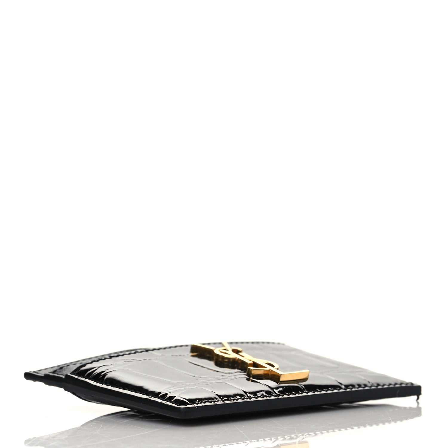 Saint Laurent Calfskin Crocodile Embossed Monogram Patent Cassandre Credit Card Case Black 4 of 9