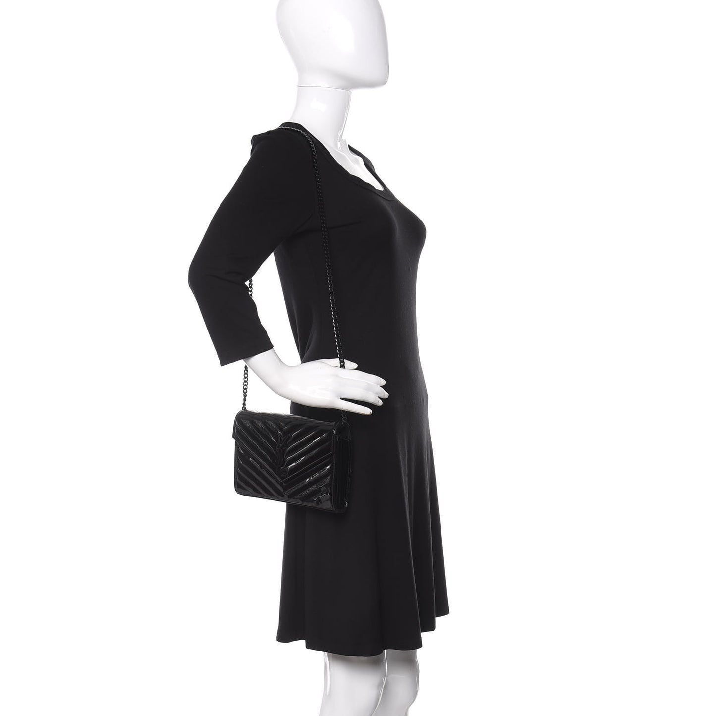 Patent Matelasse Chevron Monogram Chain Wallet Black