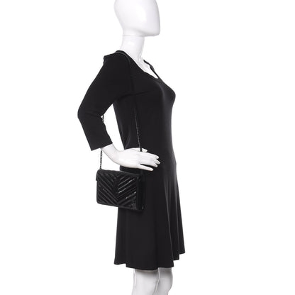 Saint Laurent Patent Matelasse Chevron Monogram Chain Wallet Black 2 of 9