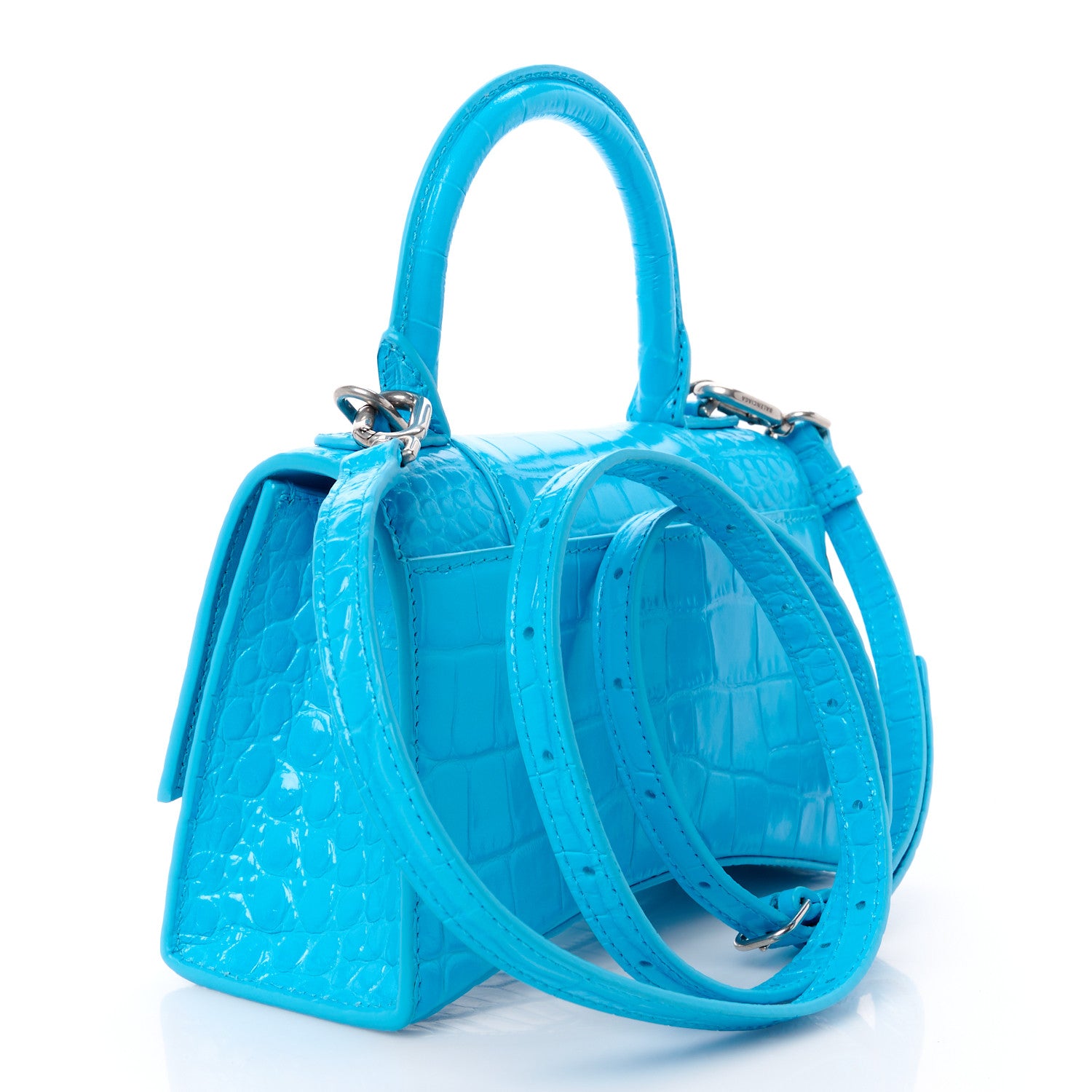 Balenciaga Shiny Calfskin Crocodile Embossed Hourglass Top Handle Bag XS Cyan 3 of 11