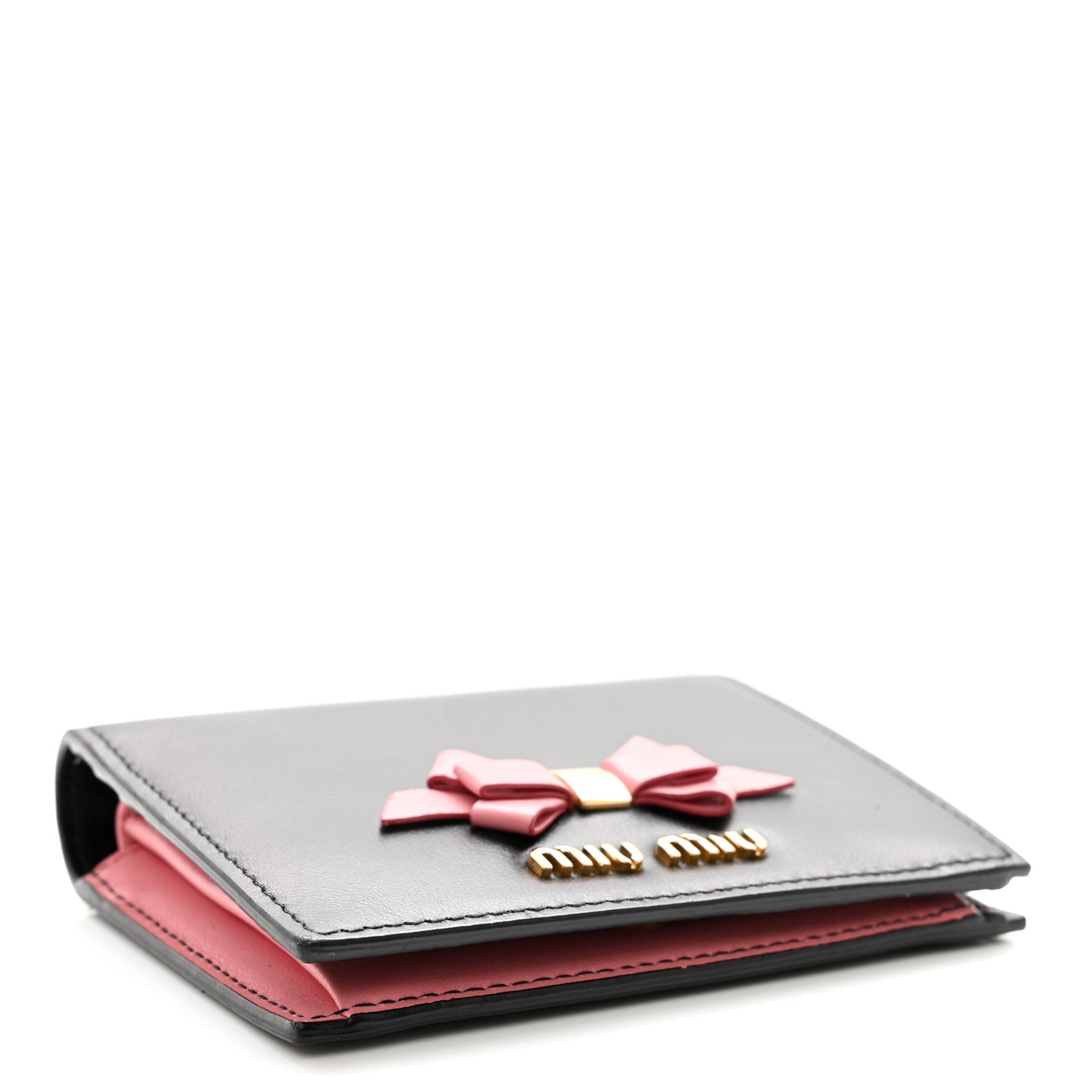 Miu Miu Soft Calfskin Bow Compact Wallet Black Pink 4 of 11