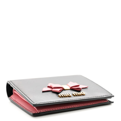Miu Miu Soft Calfskin Bow Compact Wallet Black Pink 4 of 11
