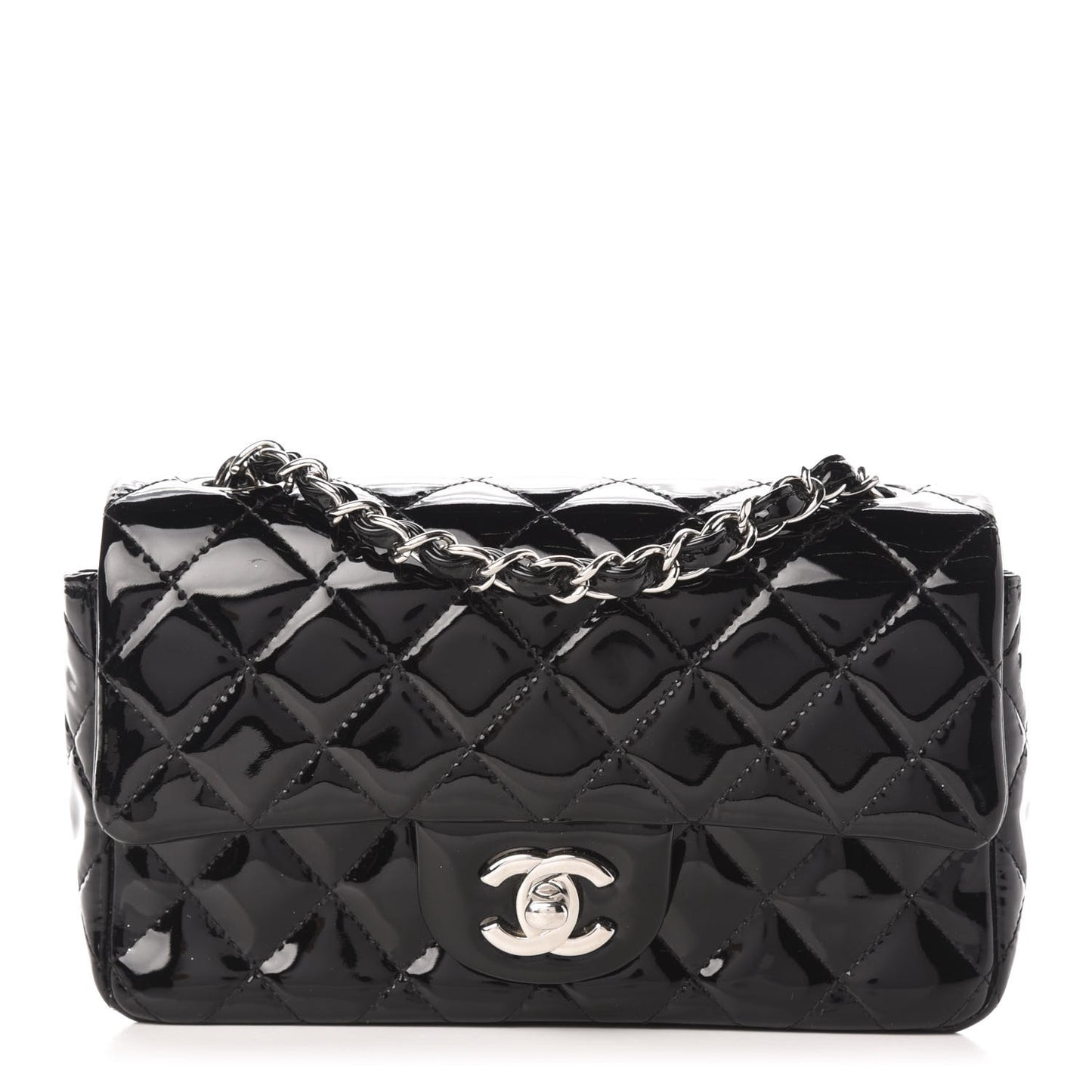 Patent Calfskin Quilted Mini Rectangular Flap Black
