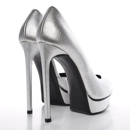 Saint Laurent Metallic Grained Calfskin Janis 105 D'Orsay Pumps 38.5 Argento 4 of 16