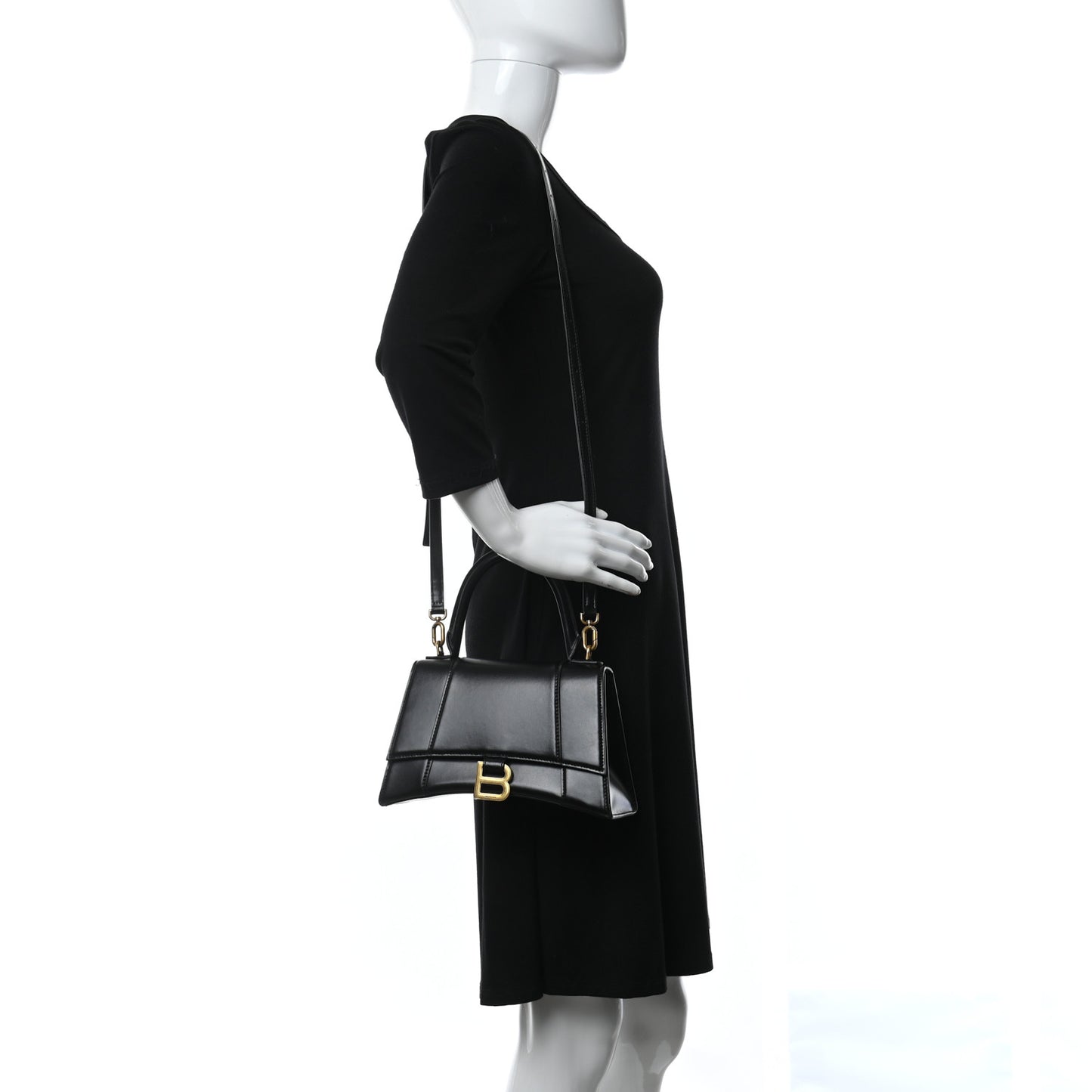 Shiny Box Calfskin Small Hourglass Top Handle Bag Black
