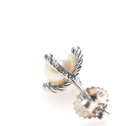 David Yurman Sterling Silver Diamond Pearl 7mm Earrings 4 of 5