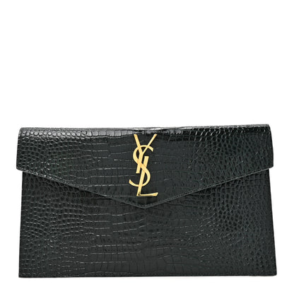 Saint Laurent Calfskin Crocodile Embossed Uptown Monogram Pouch Mint 1 of 7