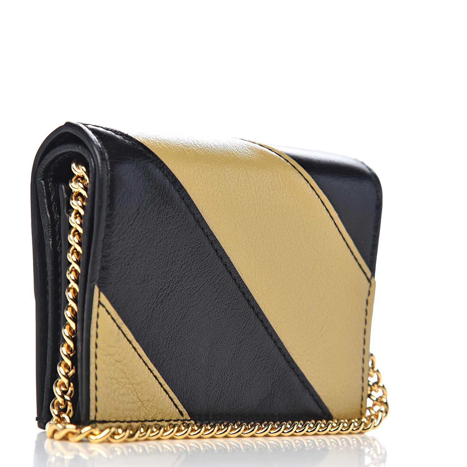 Gucci Calfskin Diagonal Striped Zumi Chain Card Case Wallet Black Beige 3 of 7
