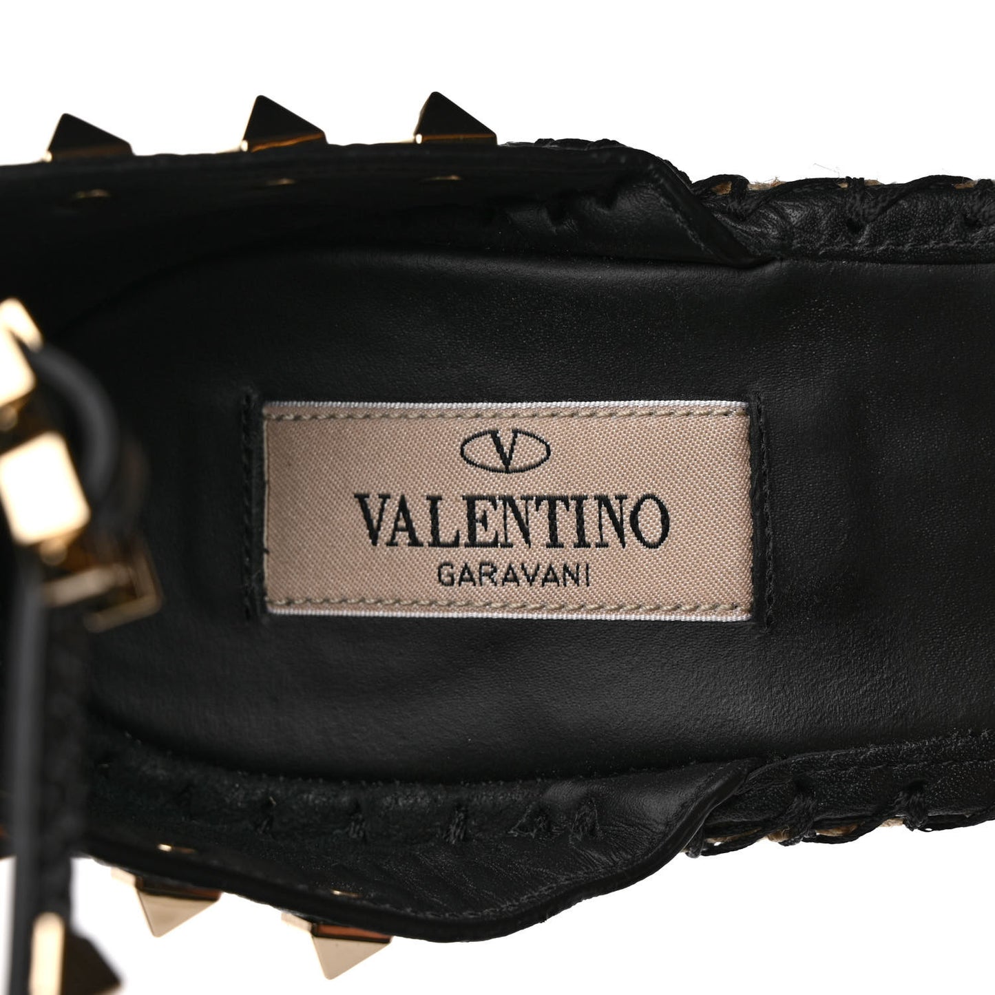 Grained Calfskin Rockstud Ankle Strap Espadrille 15/105mm Wedge Sandals 39 Black Natural