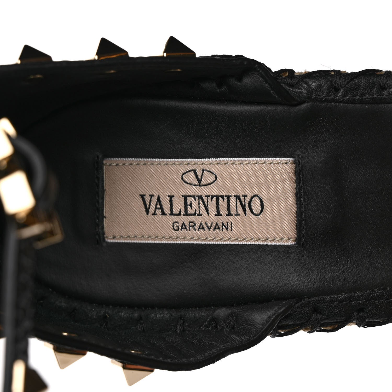 Valentino Garavani Grained Calfskin Rockstud Ankle Strap Espadrille 15/105mm Wedge Sandals 39 Black Natural 7 of 8