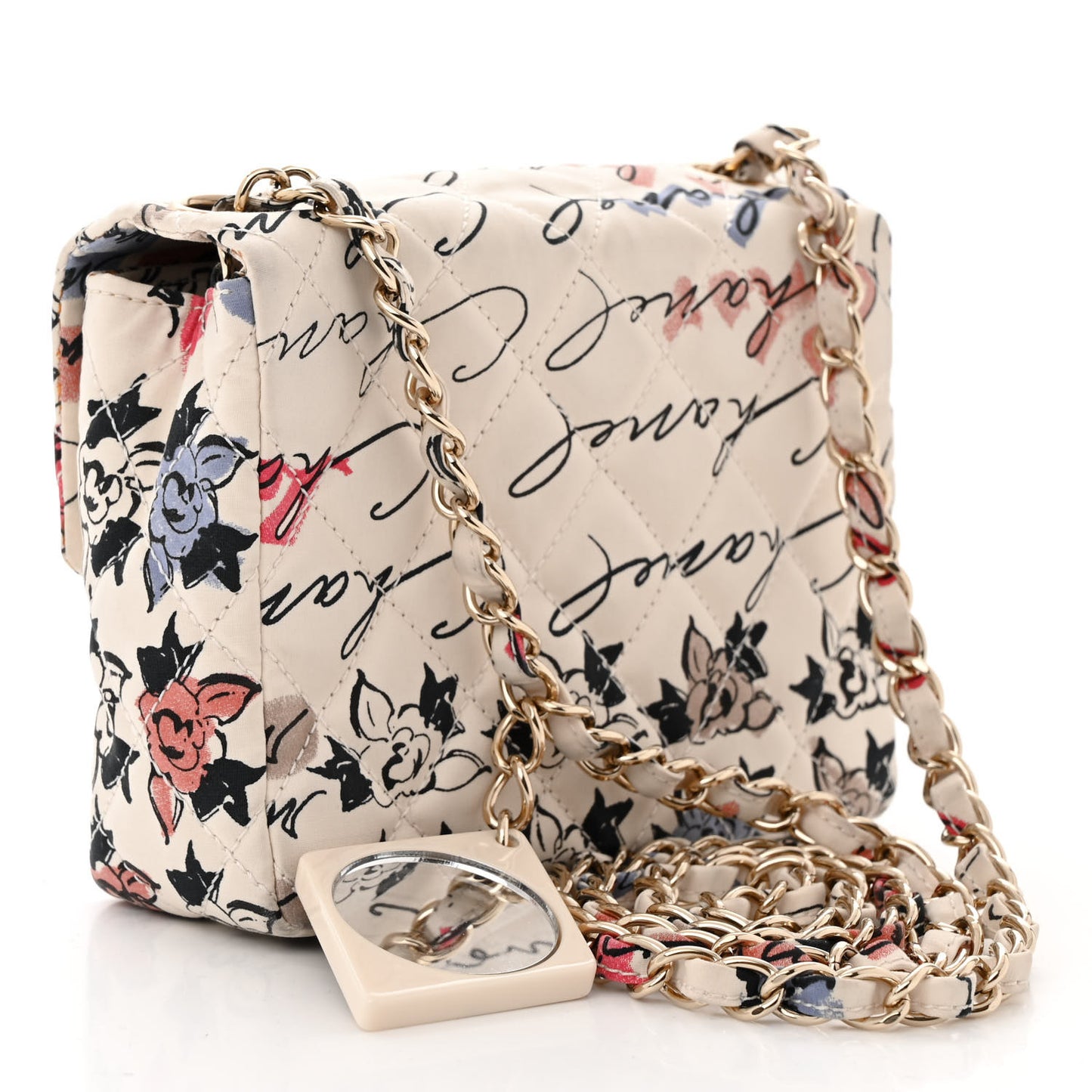 Nylon Quilted Rue Cambon Camellia Printed Mini Flap White Multicolor