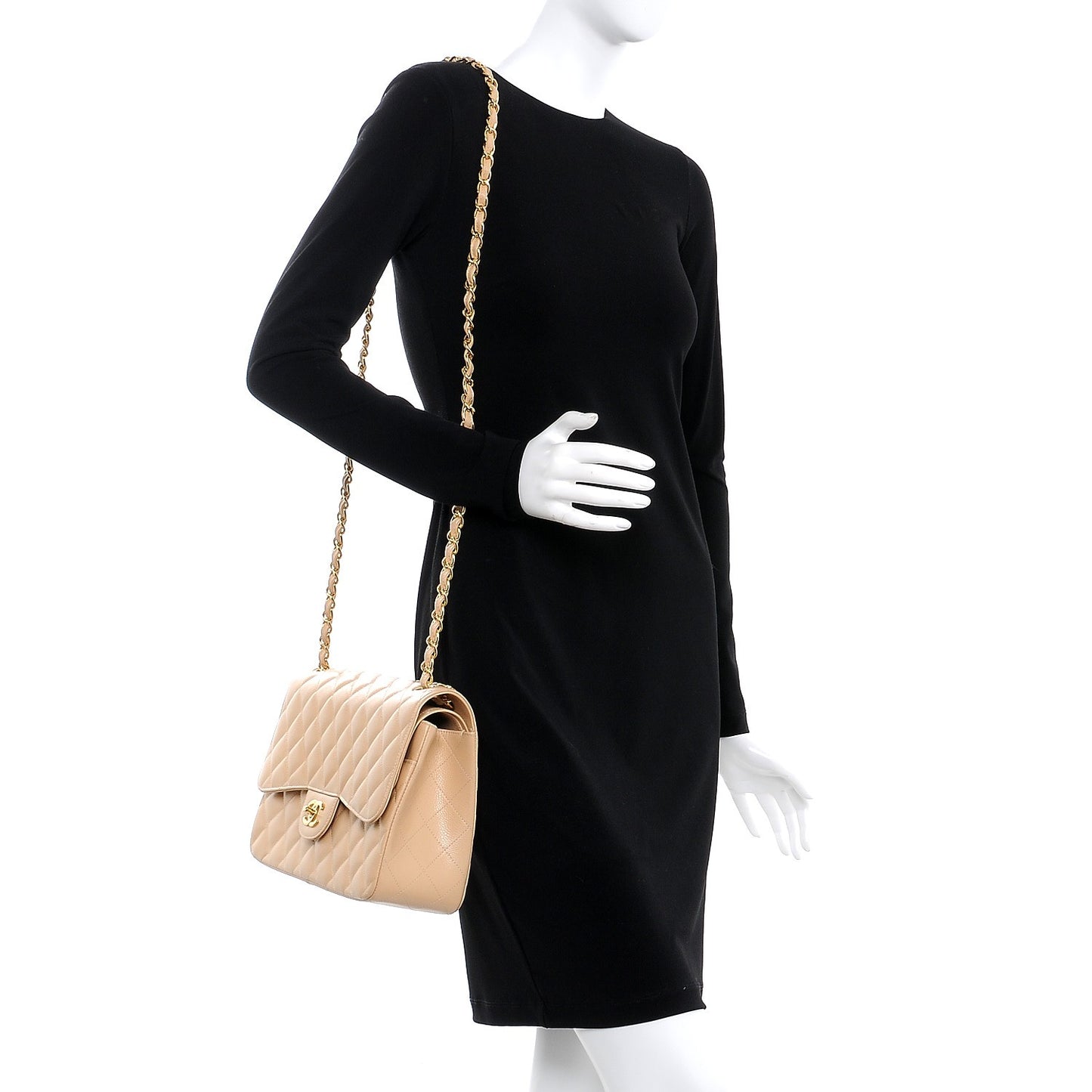 Caviar Quilted Jumbo Double Flap Beige Clair