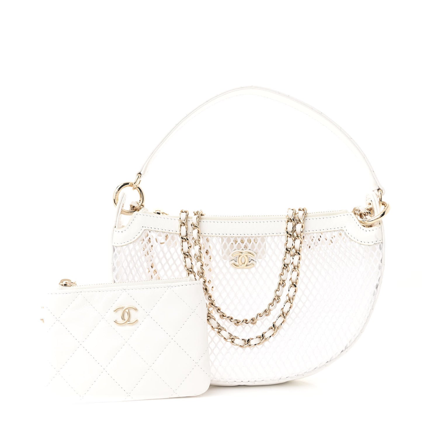 Mesh Shiny Lambskin Chain Hobo White