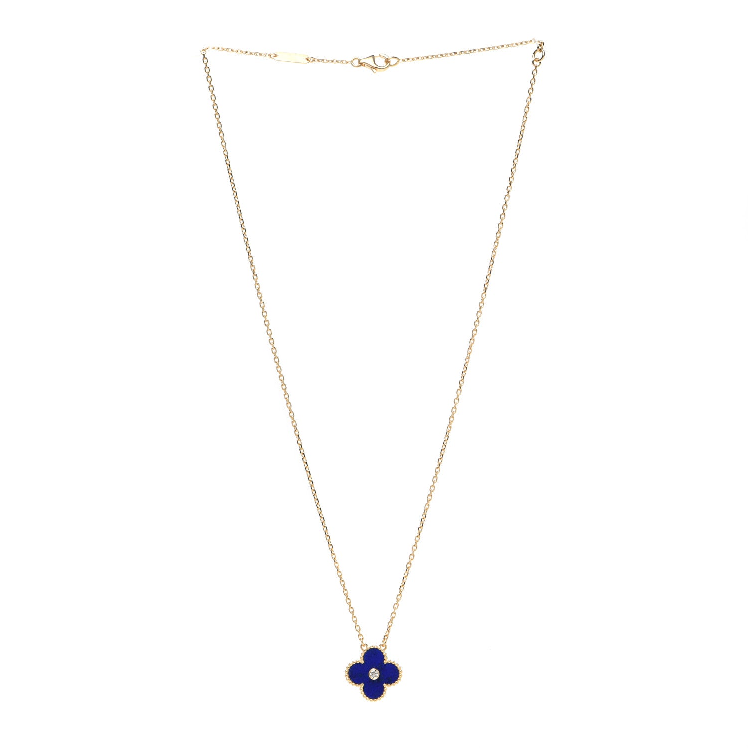 Van Cleef & Arpels 18K Yellow Gold Diamond Lapis Lazuli Vintage Alhambra Pendant Necklace 3 of 5