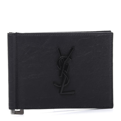 Saint Laurent Calfskin Crocodile Embossed Bill Clip Card Case Black 1 of 8