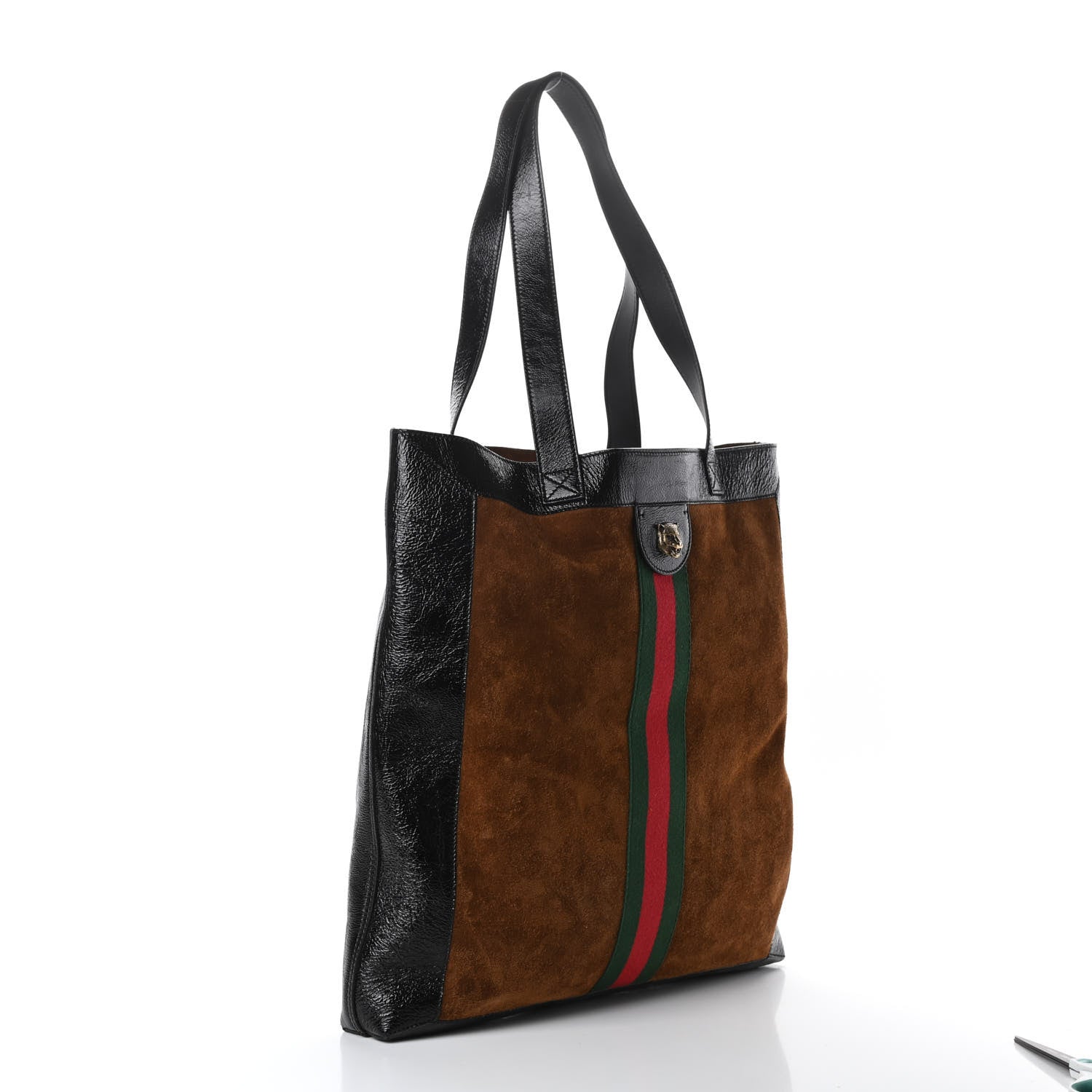 Gucci Suede Patent Web Large Ophidia Vertical Shopping Tote Nocciola Black 4 of 14