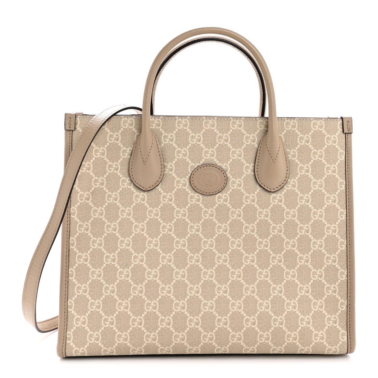 GG Supreme Monogram Textured Dollar Calfskin Small Retro Interlocking G Tote Bag Beige Mystic White Oatmeal
