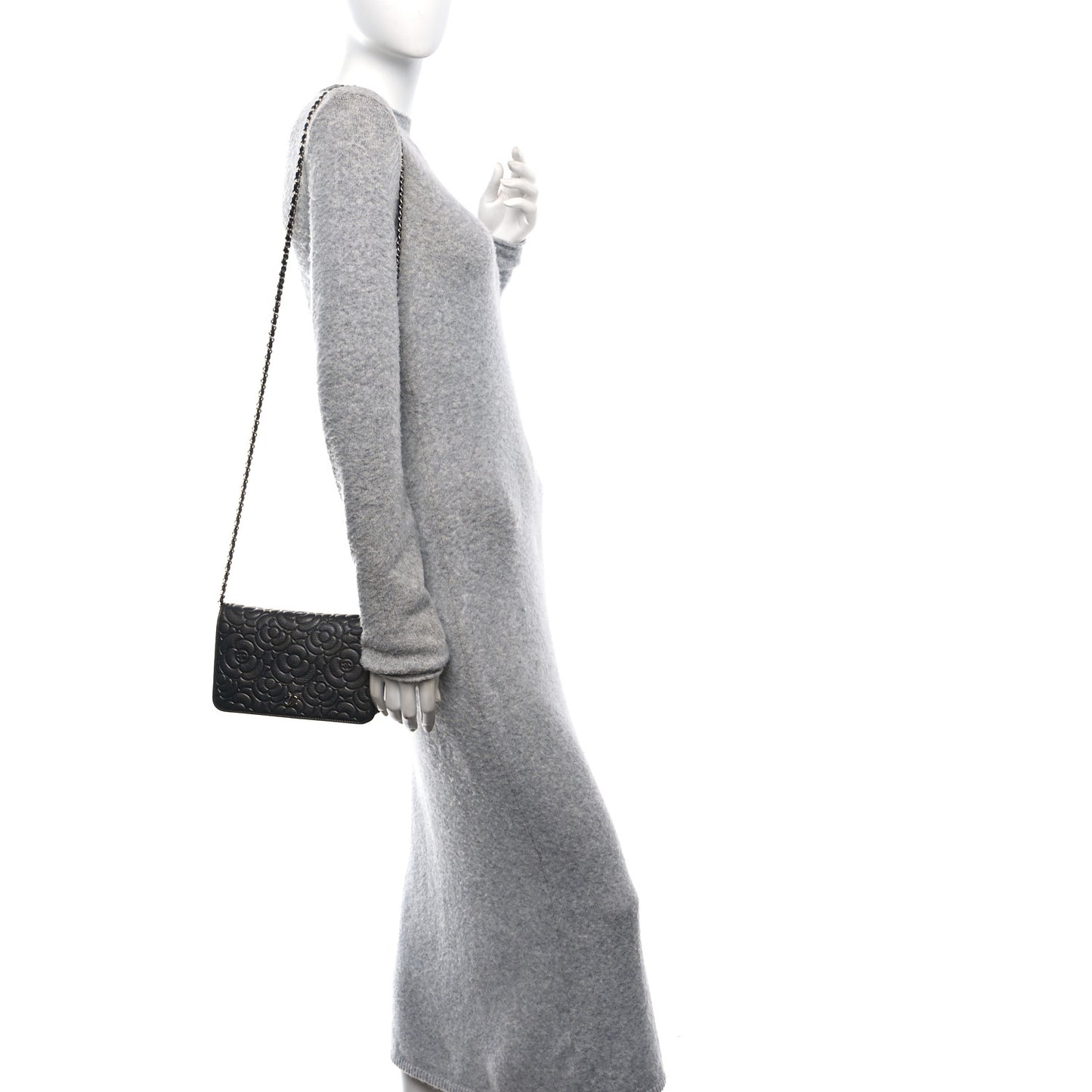Goatskin Camellia Embossed Wallet On Chain WOC Grey