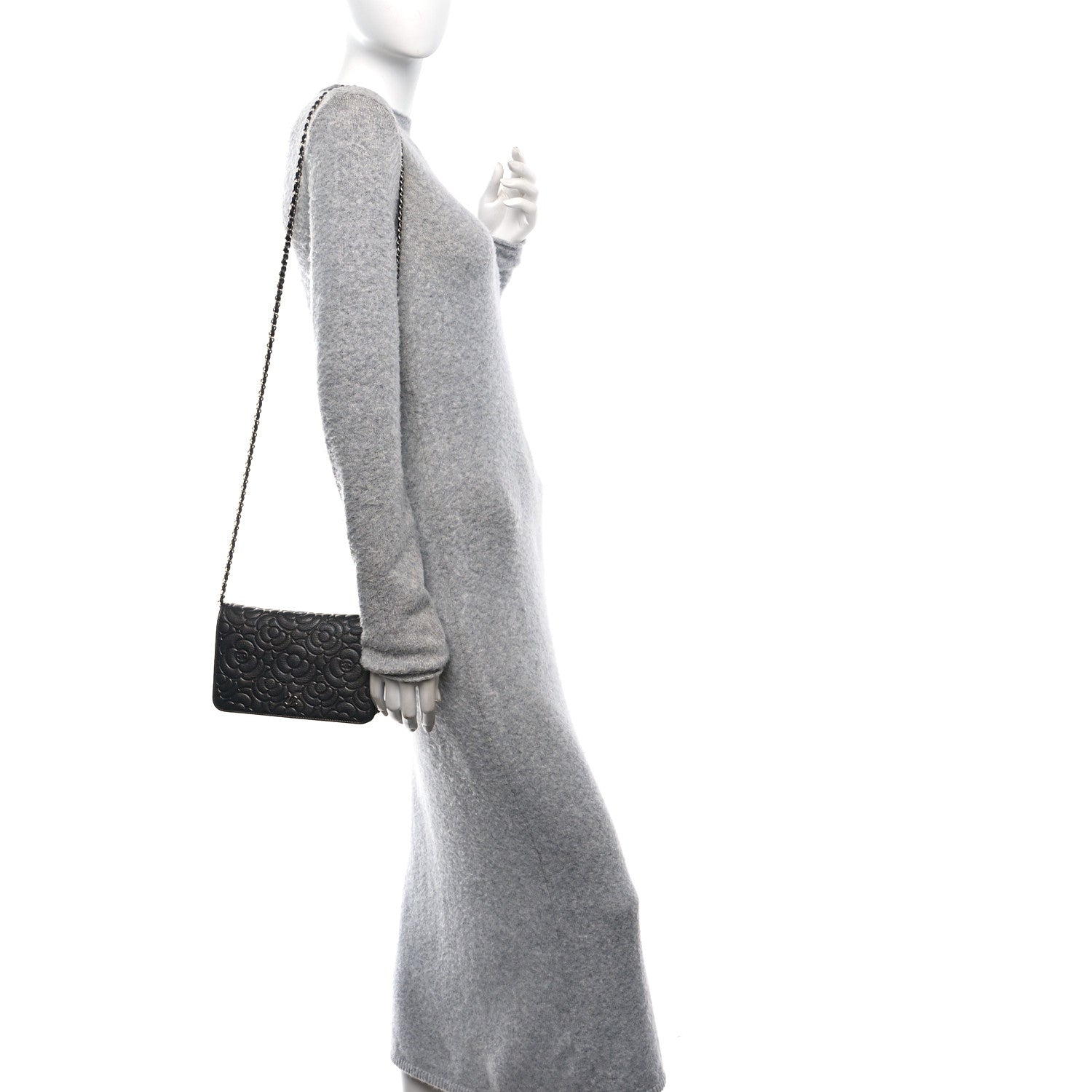 Chanel Goatskin Camellia Embossed Wallet On Chain WOC Grey 2 of 11