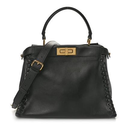 Fendi Vitello Seta Lace Up Medium Peekaboo Iconic Satchel Black 1 of 11