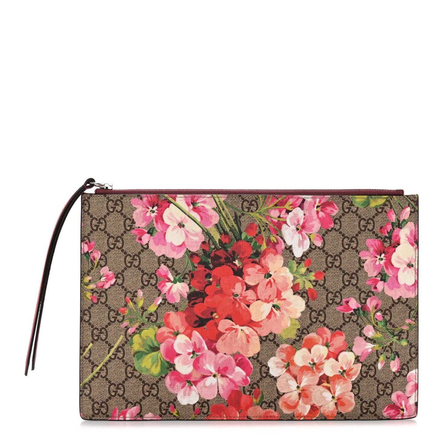 GG Supreme Monogram Blooms Suede Large Zip Pouch Beige Multicolor Dry Rose