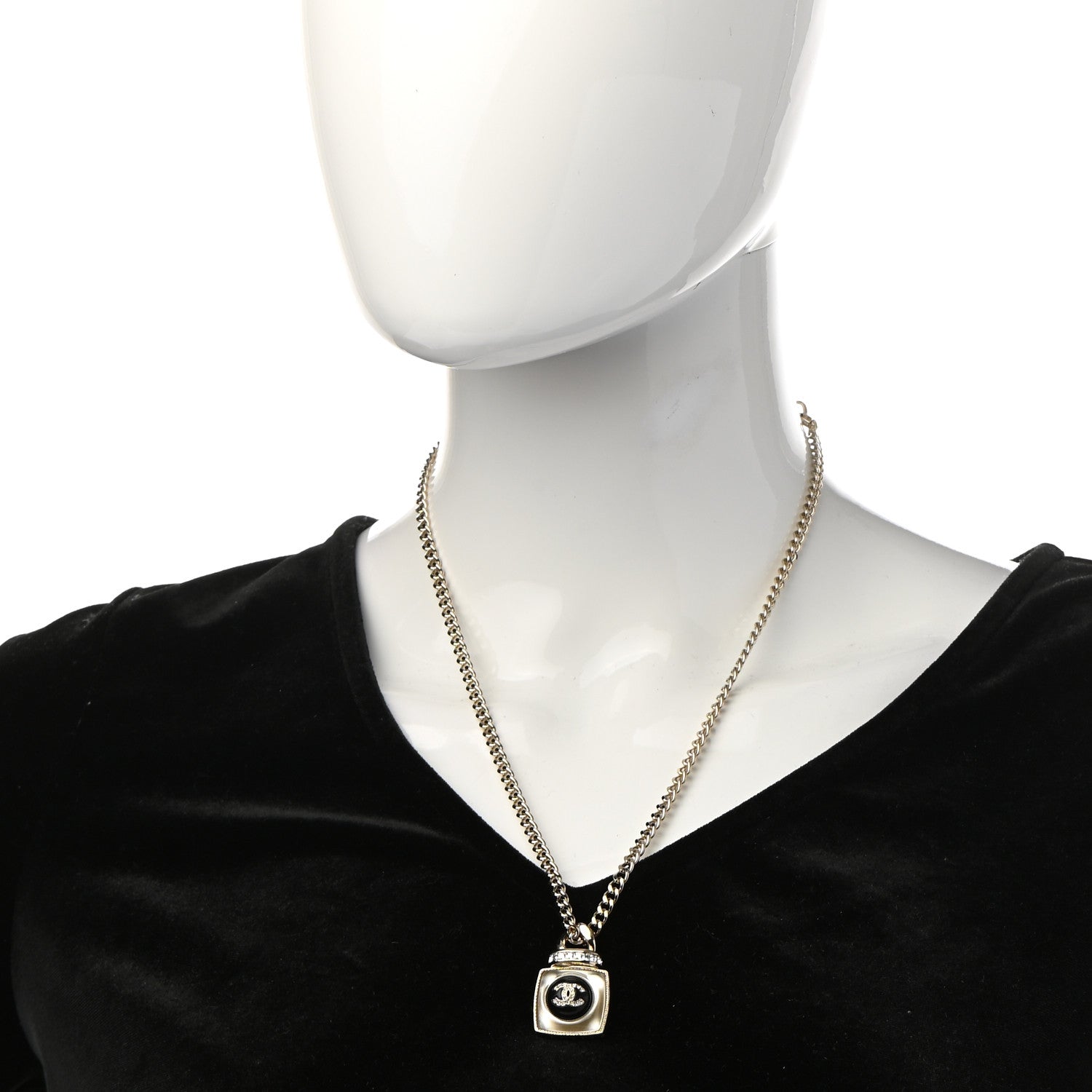 Chanel Crystal Resin CC Perfume Bottle Necklace Gold 2 of 5