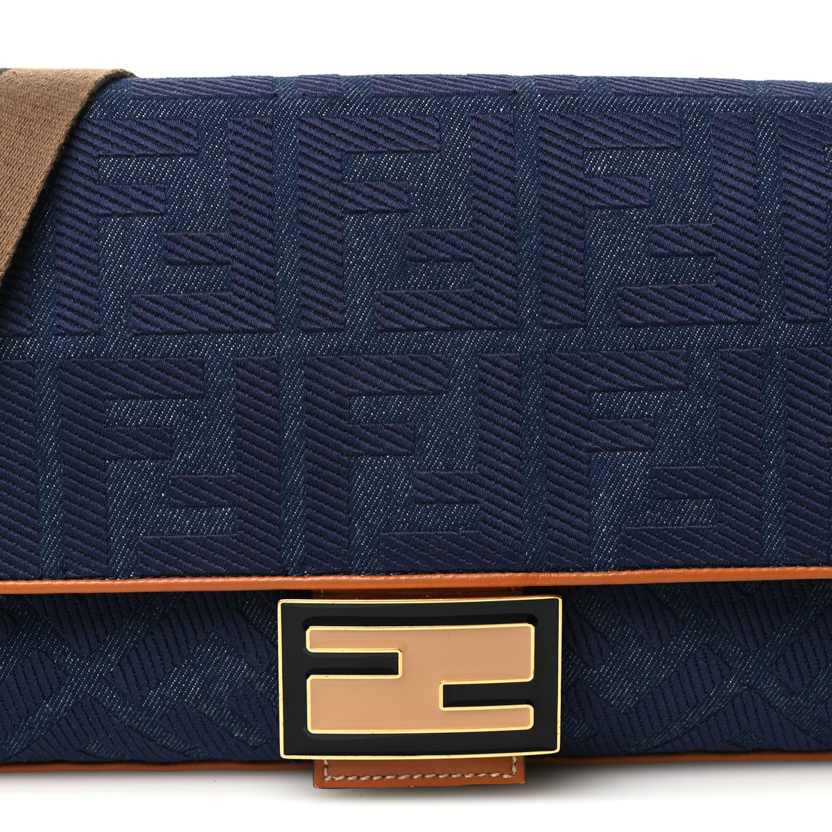 Denim Vitello King FF Embroidered Large Baguette Blue Cuoio