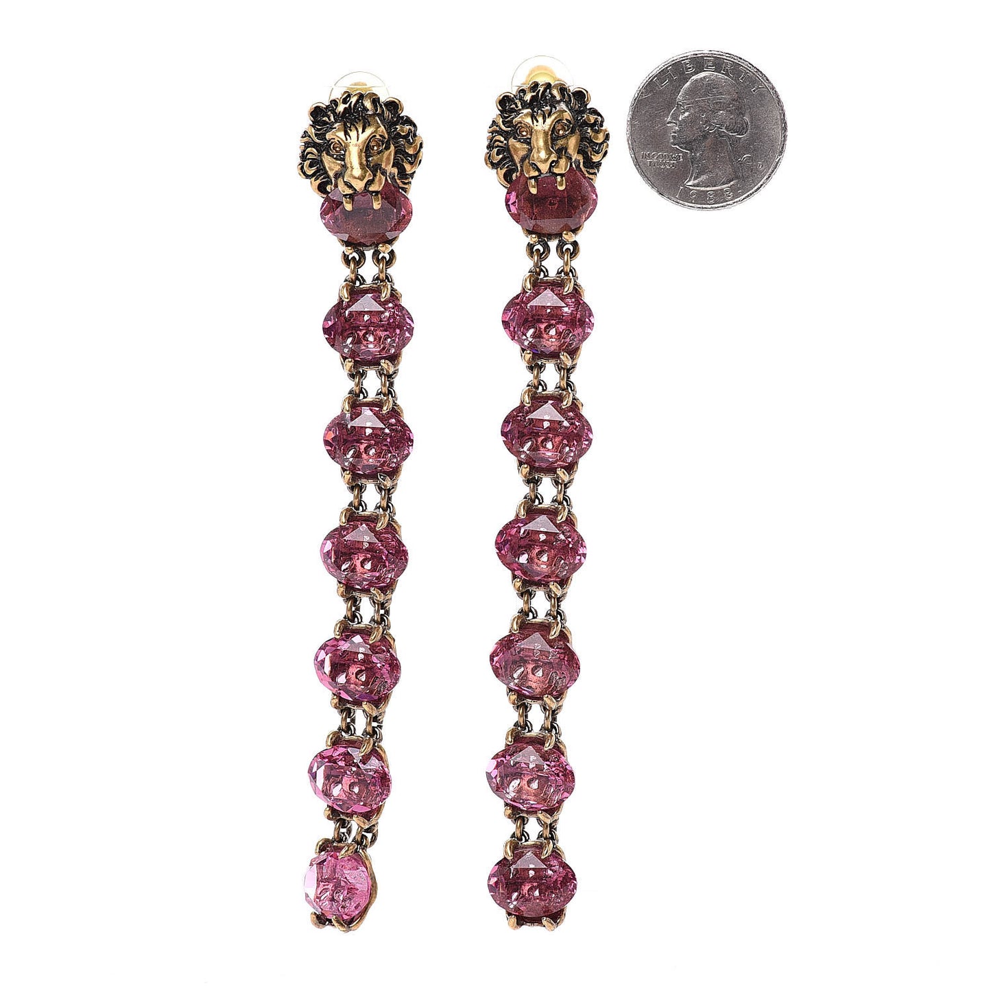 Crystal Metal Lionhead Drop Earrings Rosa Aged Gold