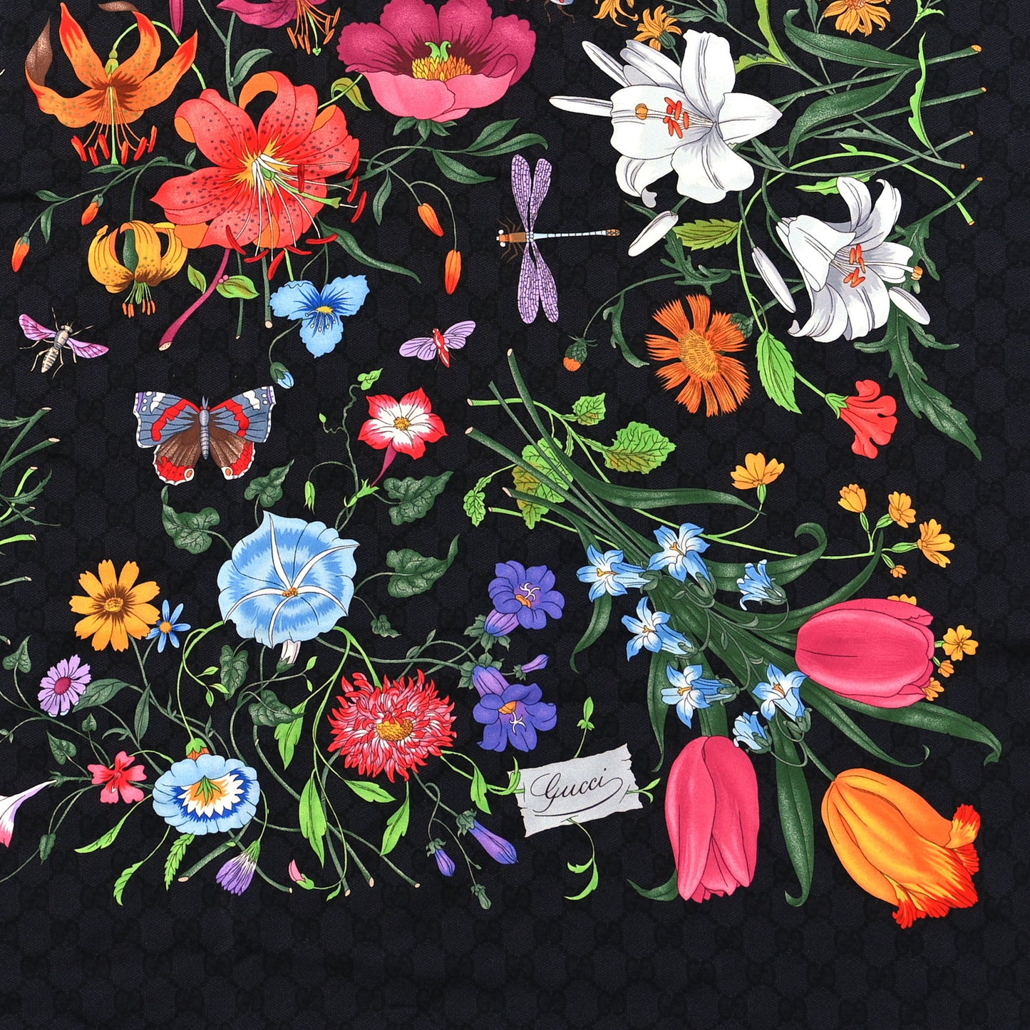 Silk Twill GG Monogram Flower Square Scarf Black Multicolor