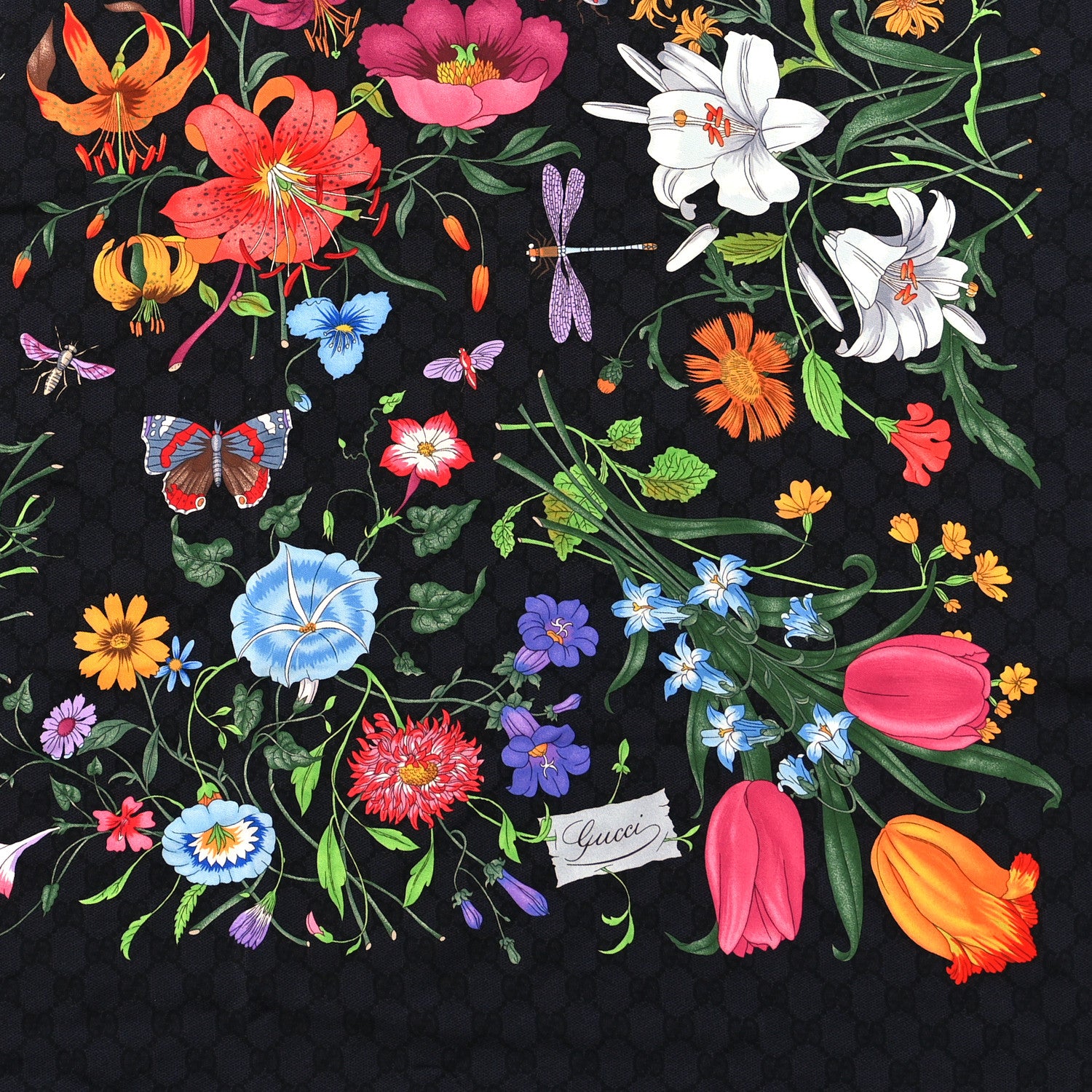Gucci Silk Twill GG Monogram Flower Square Scarf Black Multicolor 2 of 3