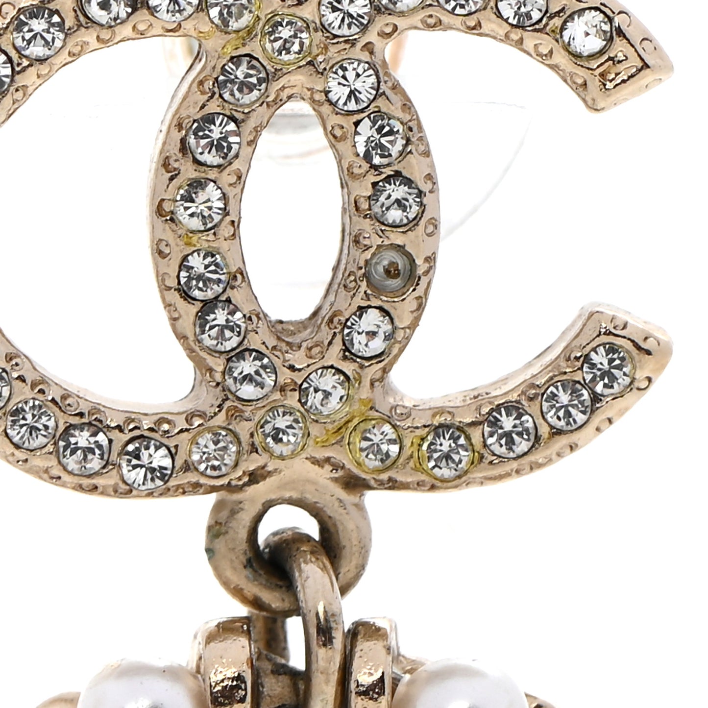 Crystal Pearl Chanel Charms CC Drop Earrings Gold