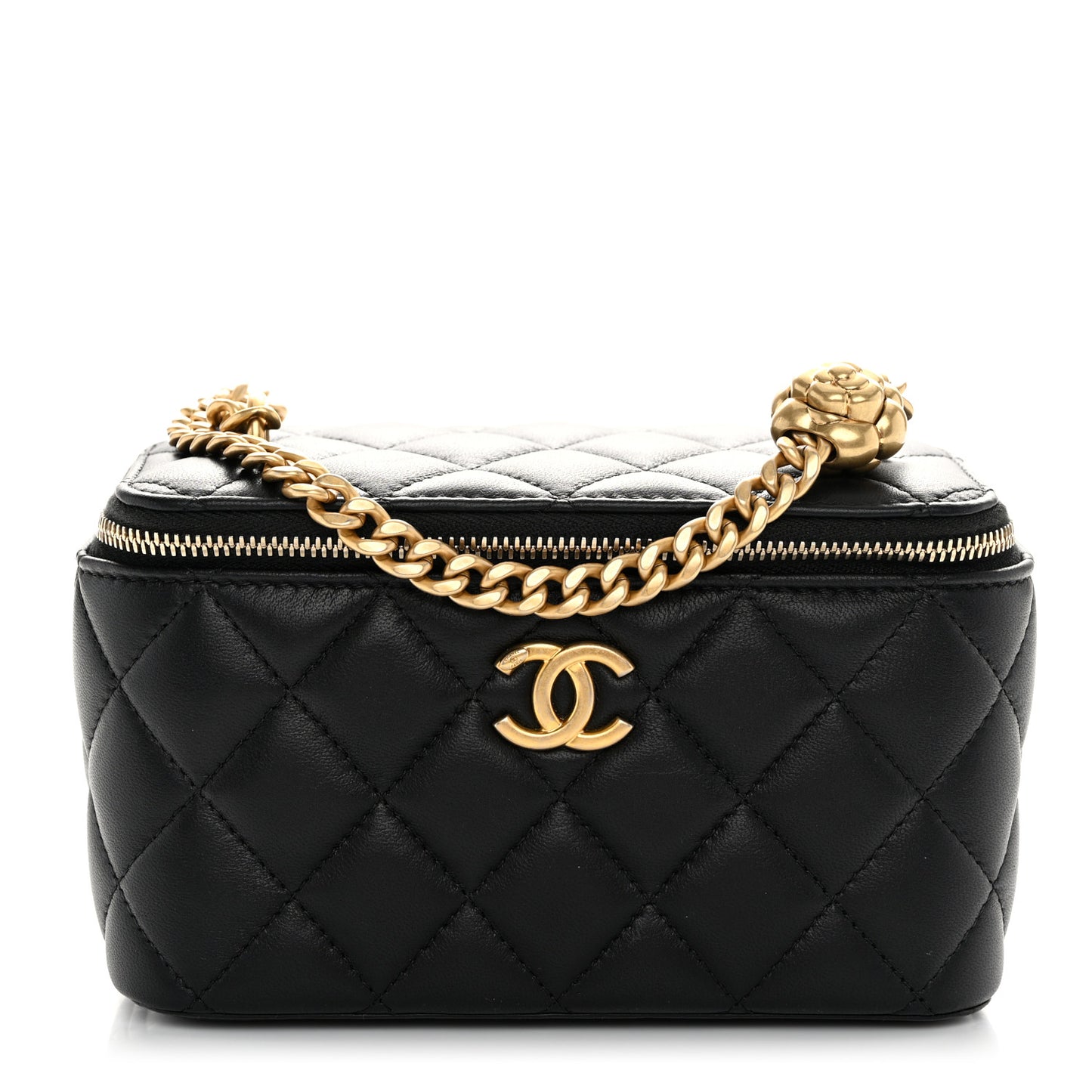 Lambskin Quilted Sweet Camellia Small Vanity Case With Chain Black