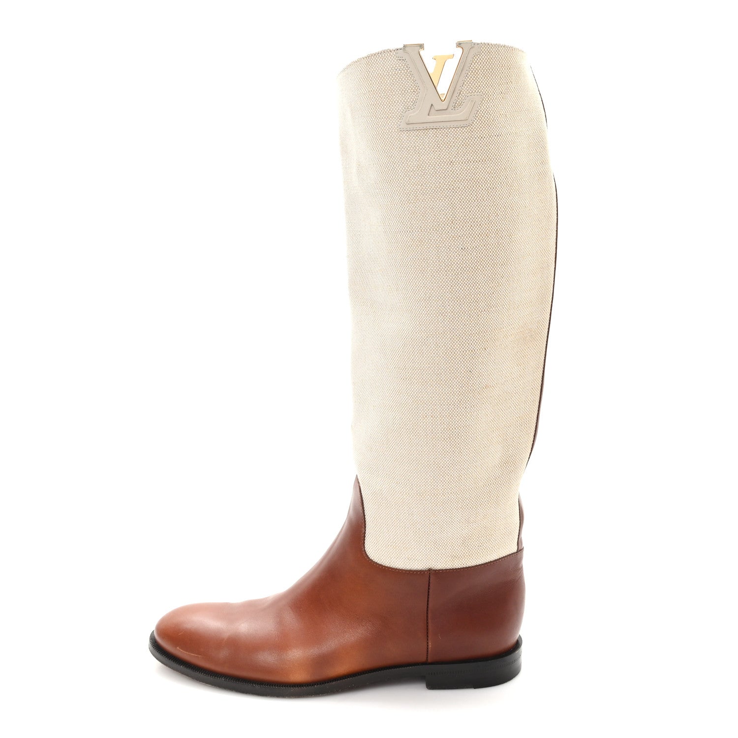 Louis Vuitton Canvas Calfskin Heritage Flat High Boots 38 Beige Brown 1 of 9