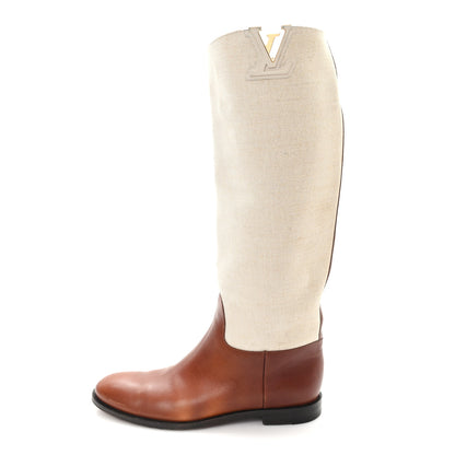 Louis Vuitton Canvas Calfskin Heritage Flat High Boots 38 Beige Brown 1 of 9