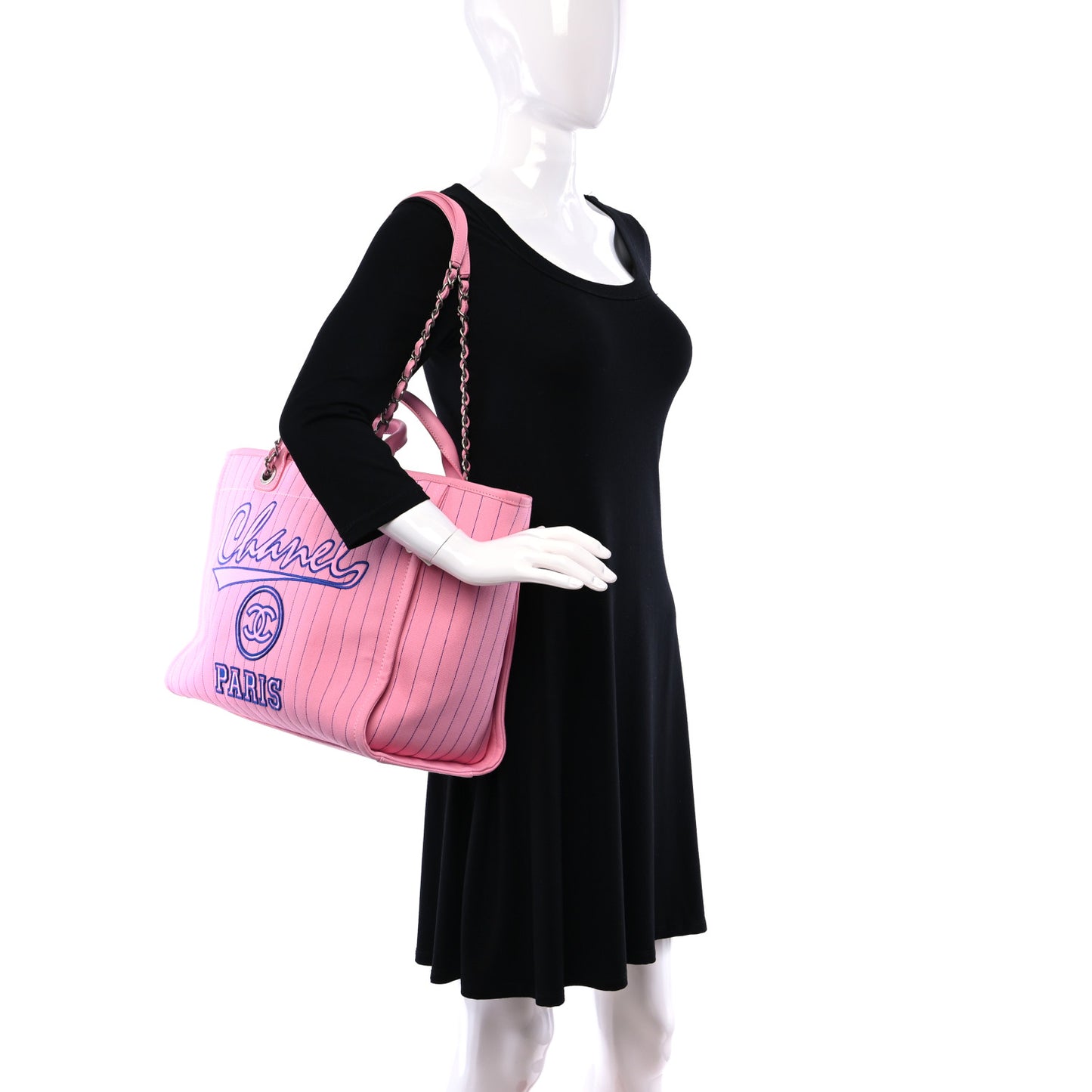Canvas Calfskin Striped Large Deauville Tote Pink Blue