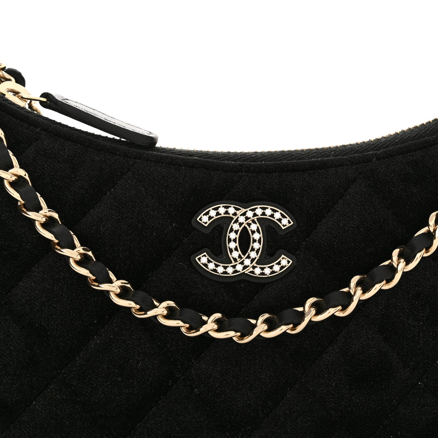 Velvet Crystal Quilted Chain Hobo Black